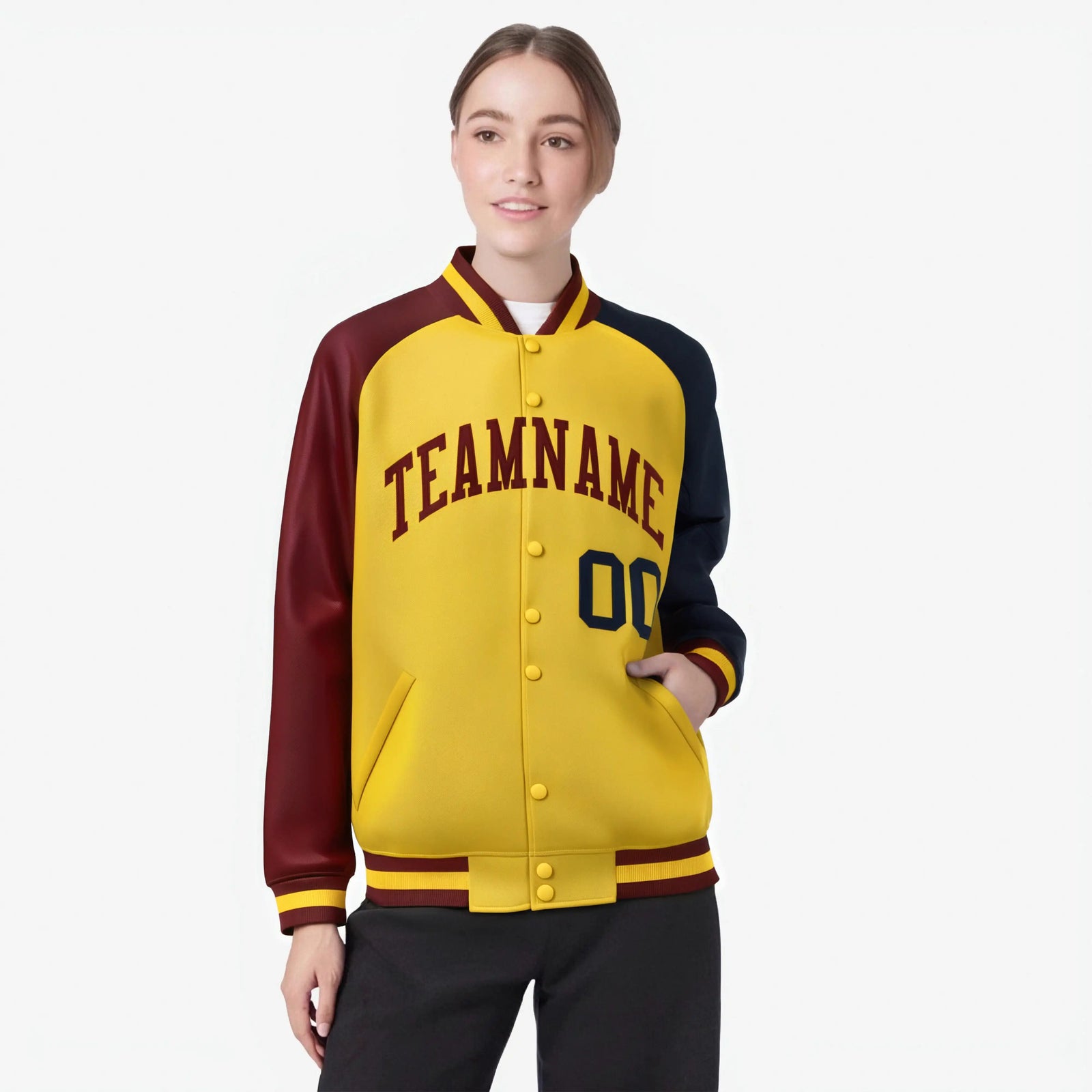 Custom Gold Navy-Crimson Raglan Sleeves Varsity Full-Snap Letterman Jacket