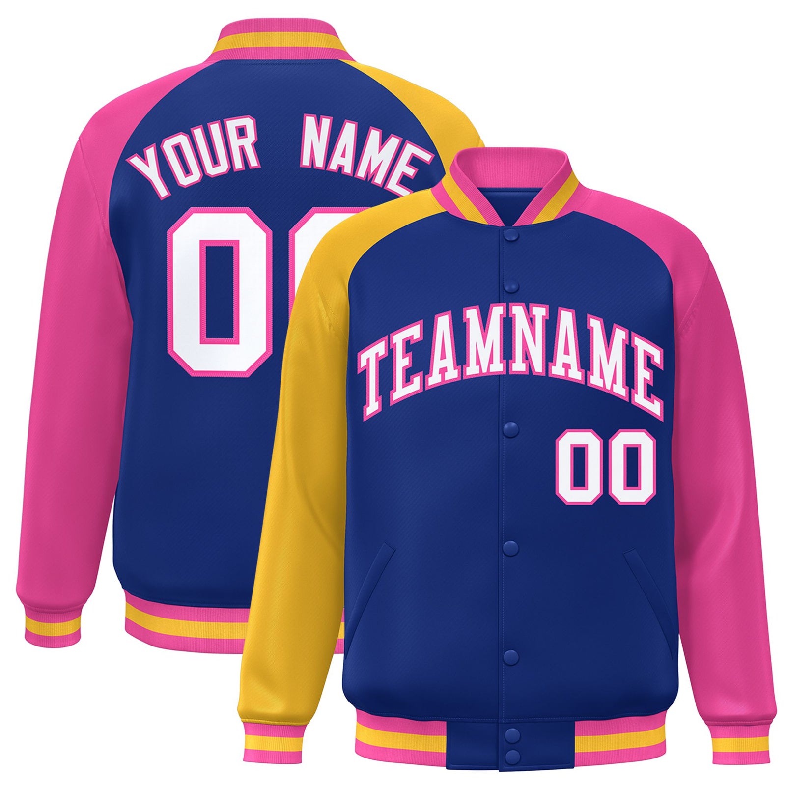 Custom Royal Blue Pink-Gold Raglan Sleeves Varsity Full-Snap Letterman Jacket