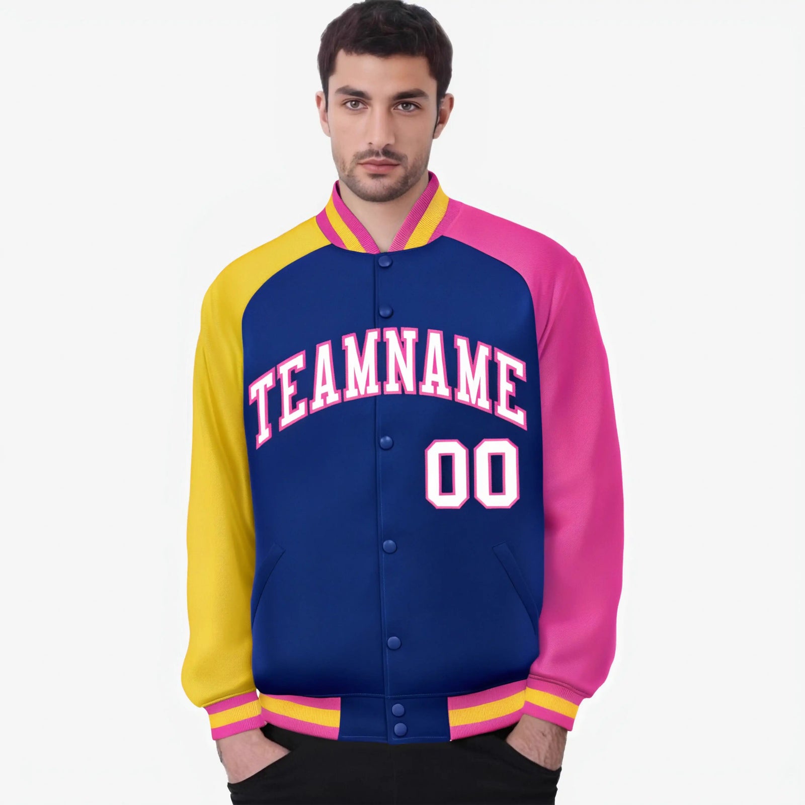 Custom Royal Blue Pink-Gold Raglan Sleeves Varsity Full-Snap Letterman Jacket