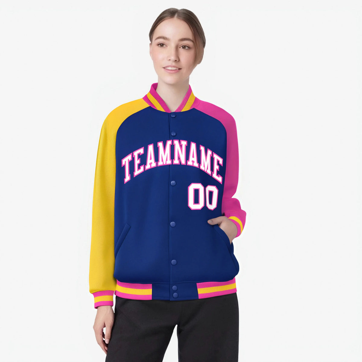 Custom Royal Blue Pink-Gold Raglan Sleeves Varsity Full-Snap Letterman Jacket