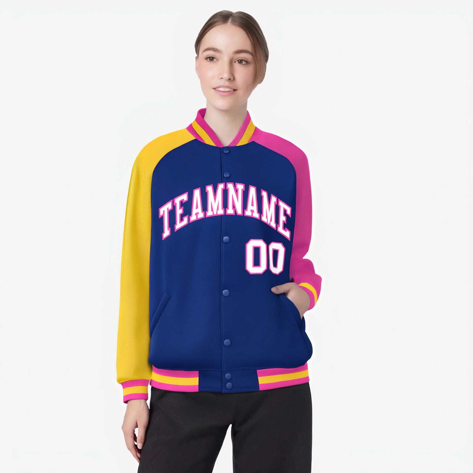Custom Royal Blue Pink-Gold Raglan Sleeves Varsity Full-Snap Letterman Jacket