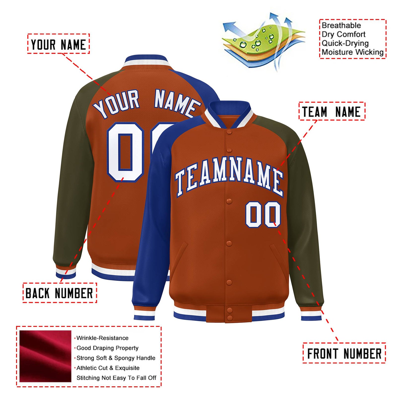 Custom Munsell Olive-Royal Blue Raglan Sleeves Varsity Full-Snap Letterman Jacket