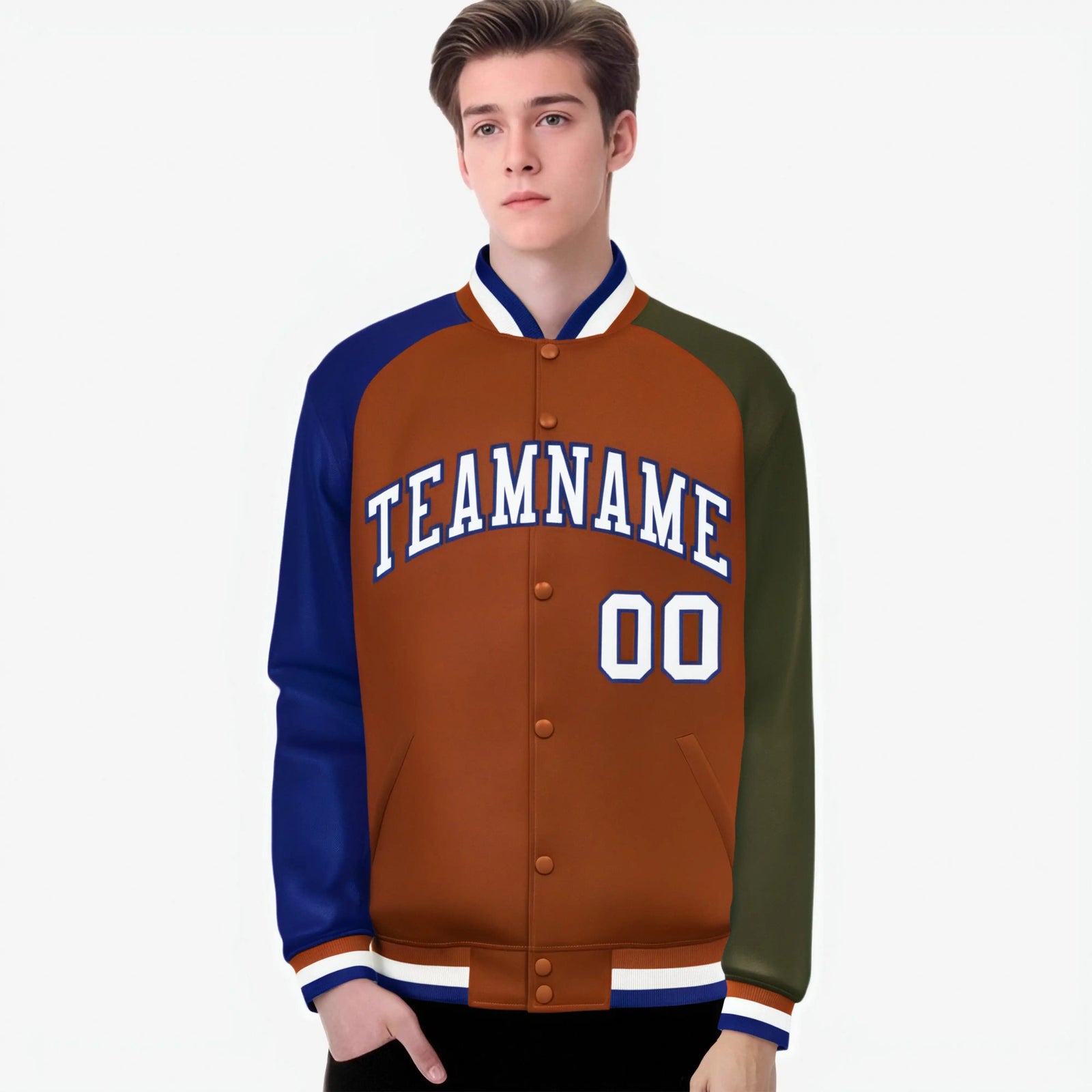 Custom Munsell Olive-Royal Blue Raglan Sleeves Varsity Full-Snap Letterman Jacket