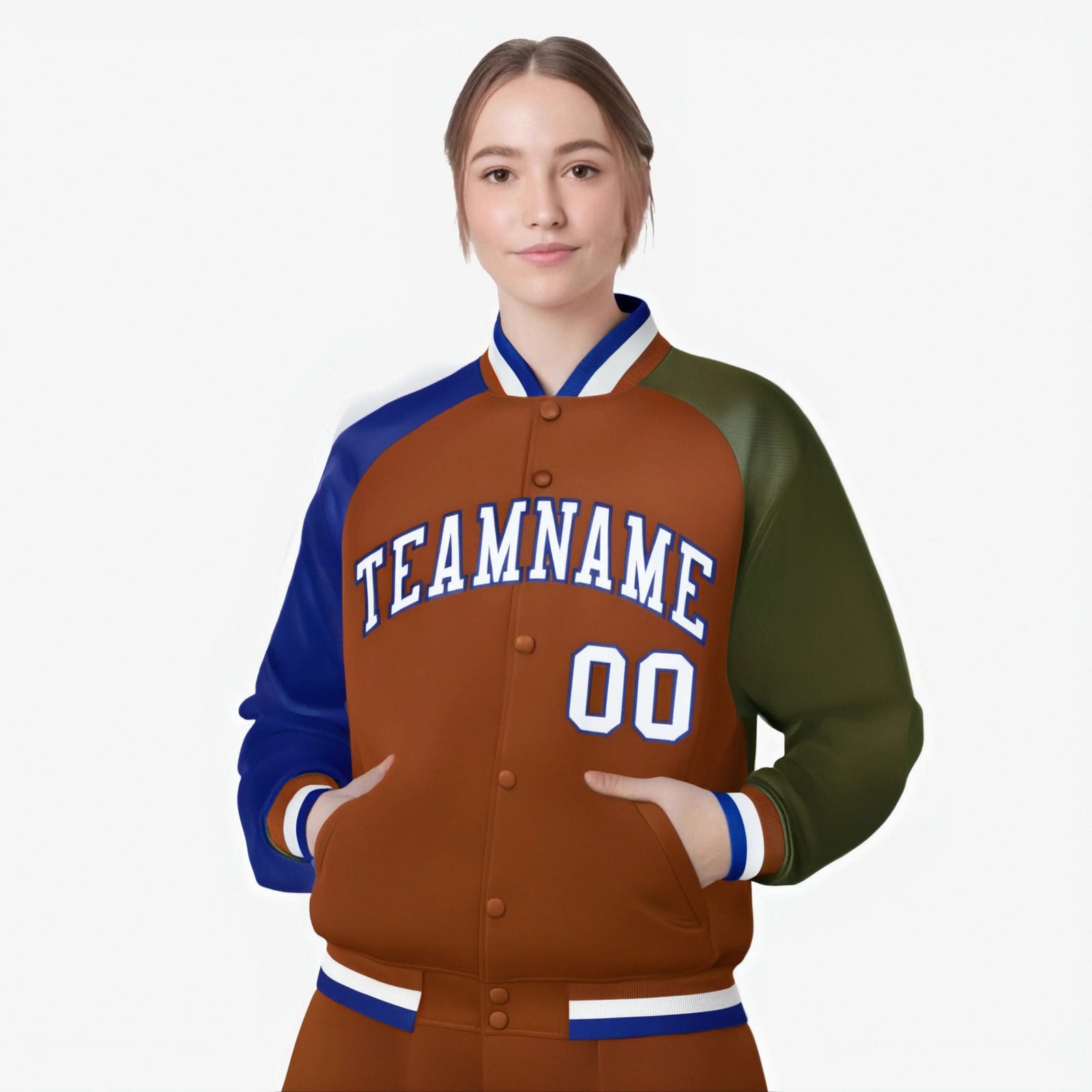 Custom Munsell Olive-Royal Blue Raglan Sleeves Varsity Full-Snap Letterman Jacket