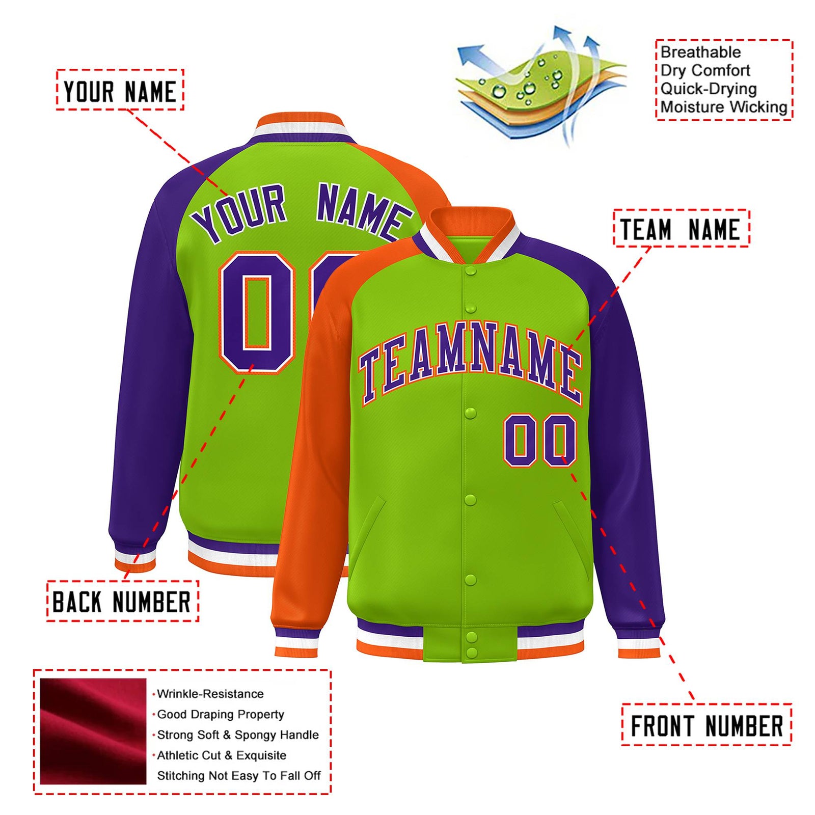 Custom Neon Green Purple-Orange Raglan Sleeves Varsity Full-Snap Letterman Jacket
