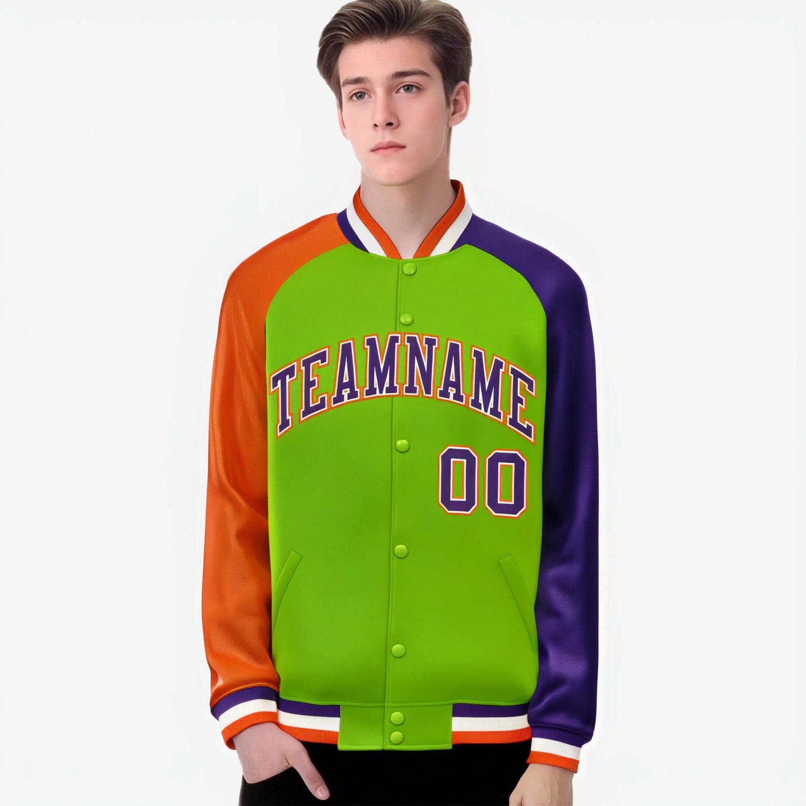 Custom Neon Green Purple-Orange Raglan Sleeves Varsity Full-Snap Letterman Jacket