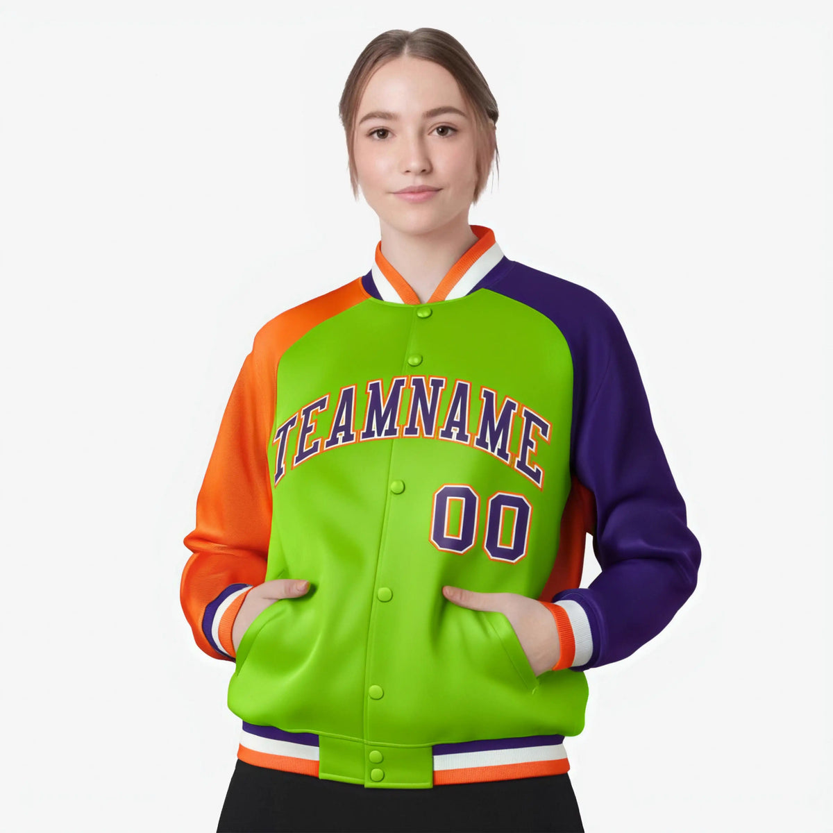 Custom Neon Green Purple-Orange Raglan Sleeves Varsity Full-Snap Letterman Jacket