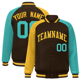 Custom Brown Aqua-Gold Raglan Sleeves Varsity Full-Snap Letterman Jacket - Style 1