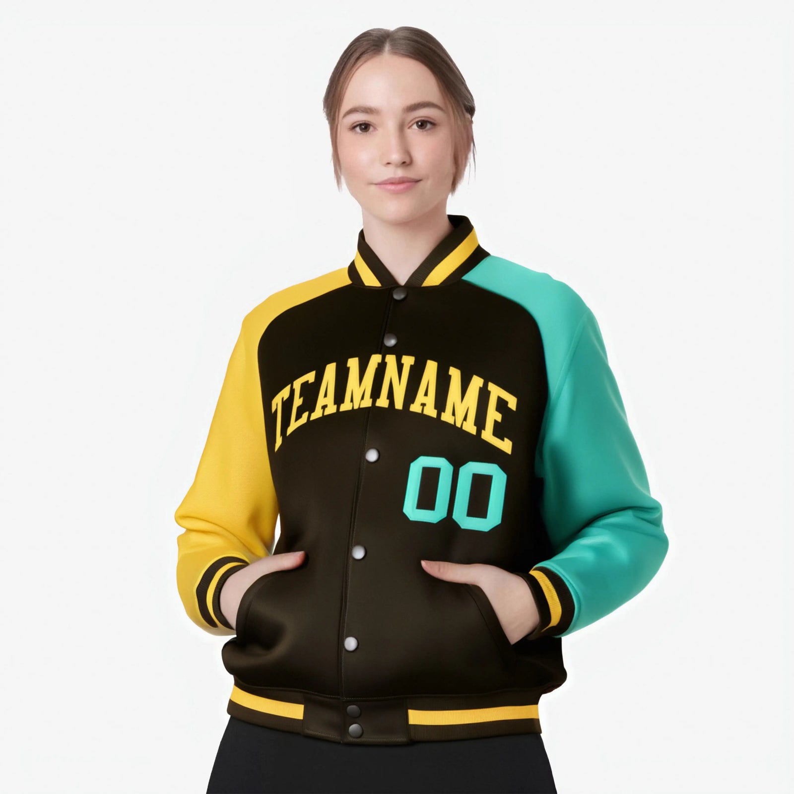 Custom Brown Olive-Gold Raglan Sleeves Varsity Full-Snap Letterman Jacket