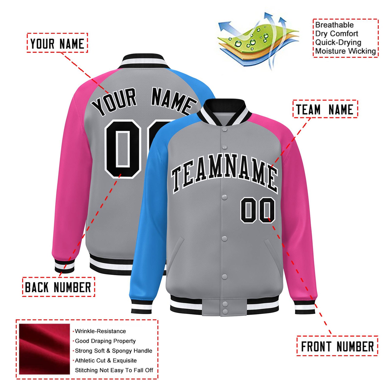 Custom Gray Pink-Powder Blue Raglan Sleeves Varsity Full-Snap Letterman Jacket