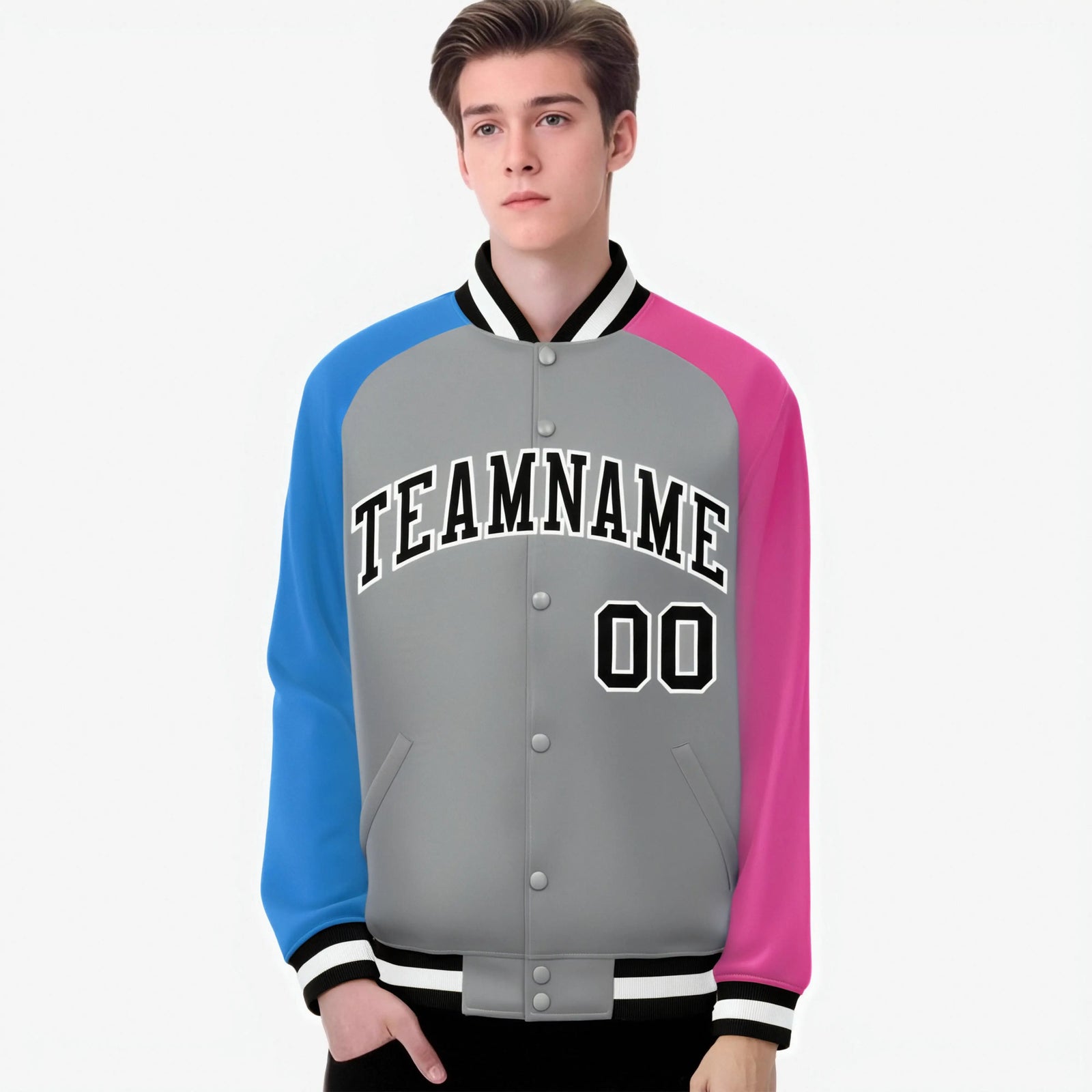 Custom Gray Pink-Powder Blue Raglan Sleeves Varsity Full-Snap Letterman Jacket