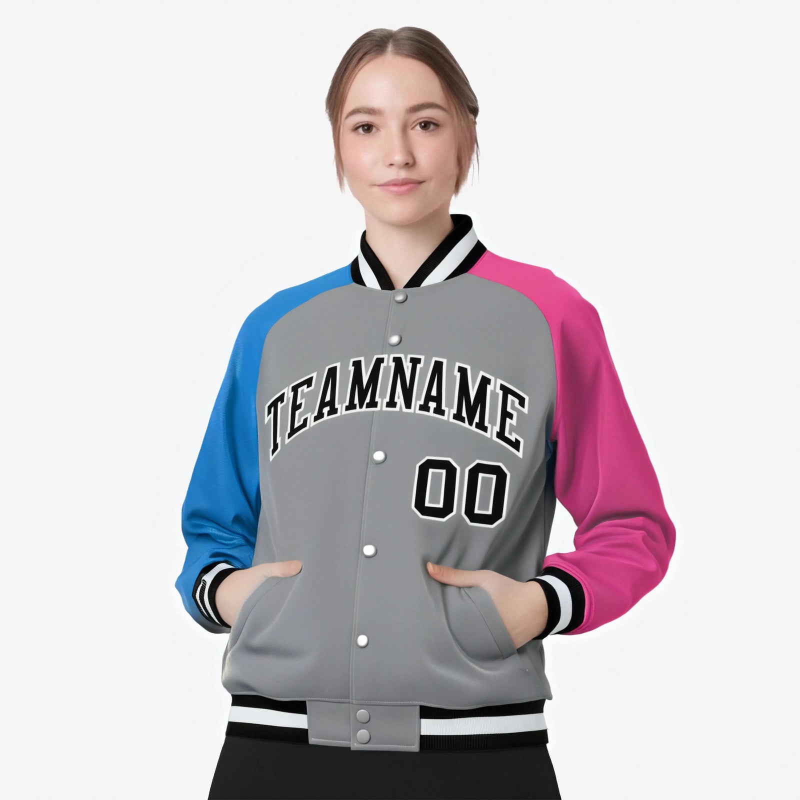 Custom Gray Pink-Powder Blue Raglan Sleeves Varsity Full-Snap Letterman Jacket