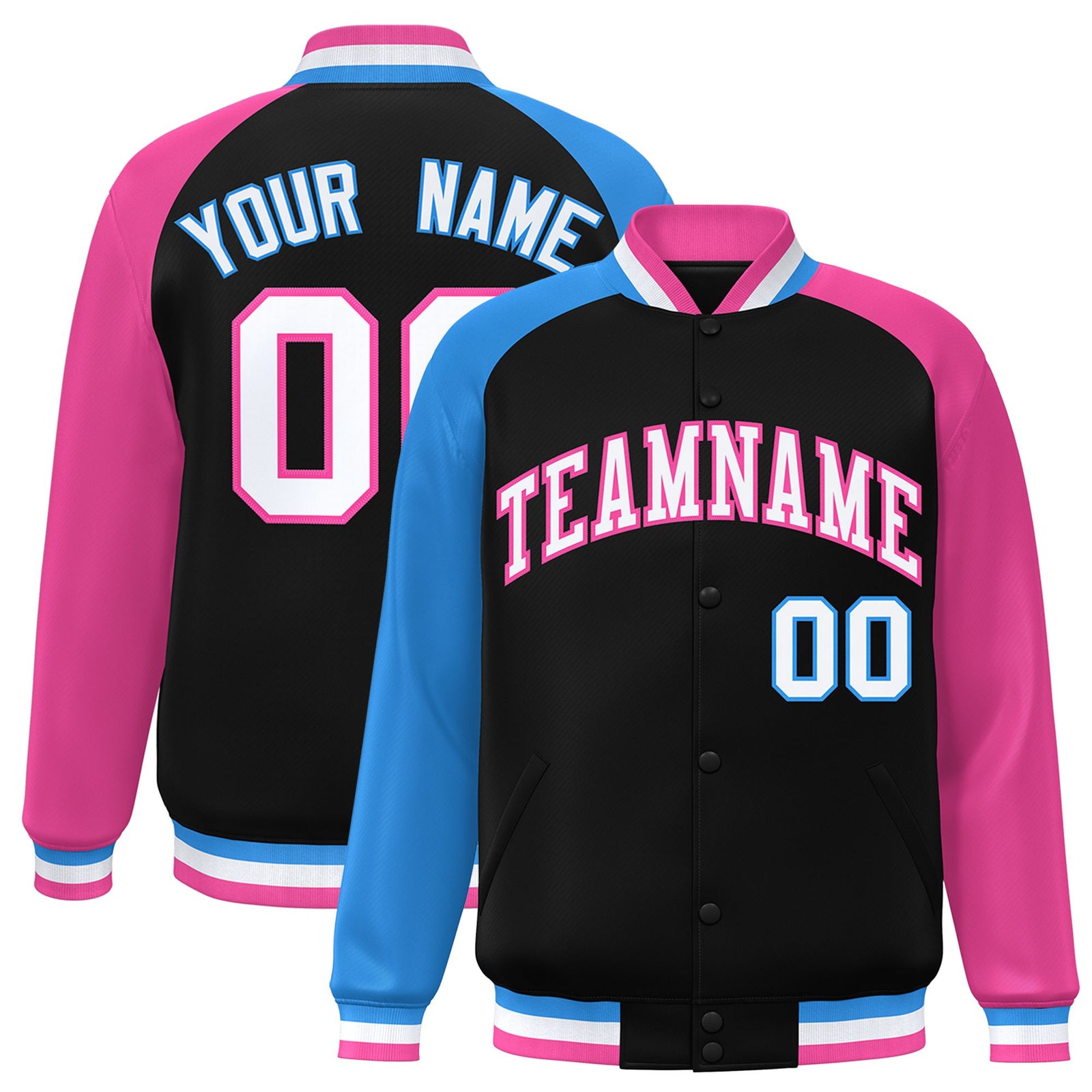 Custom Black Pink-Powder Blue Raglan Sleeves Varsity Full-Snap Letterman Jacket
