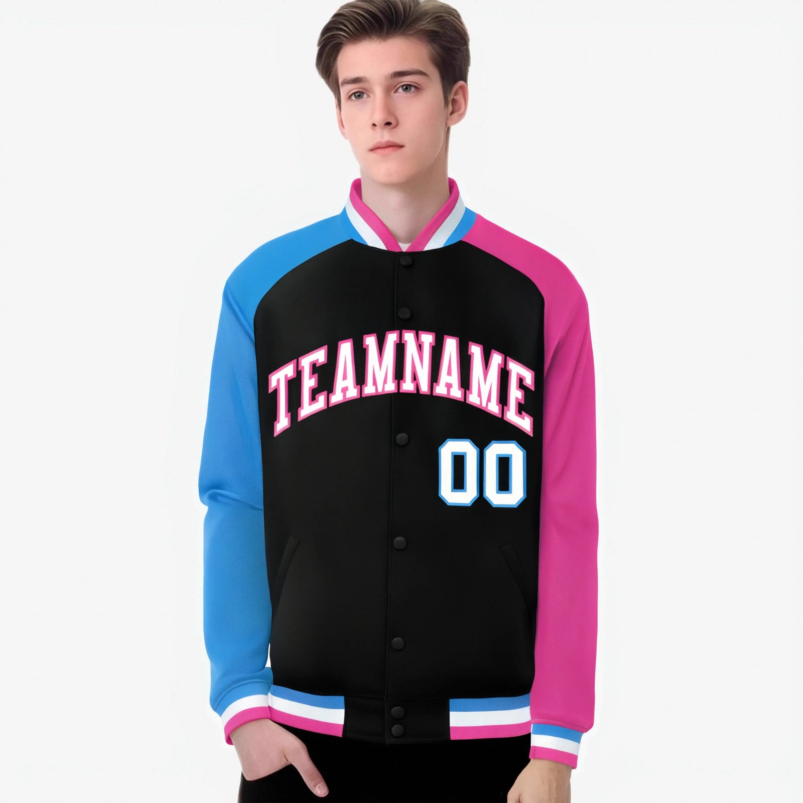 Custom Black Pink-Powder Blue Raglan Sleeves Varsity Full-Snap Letterman Jacket