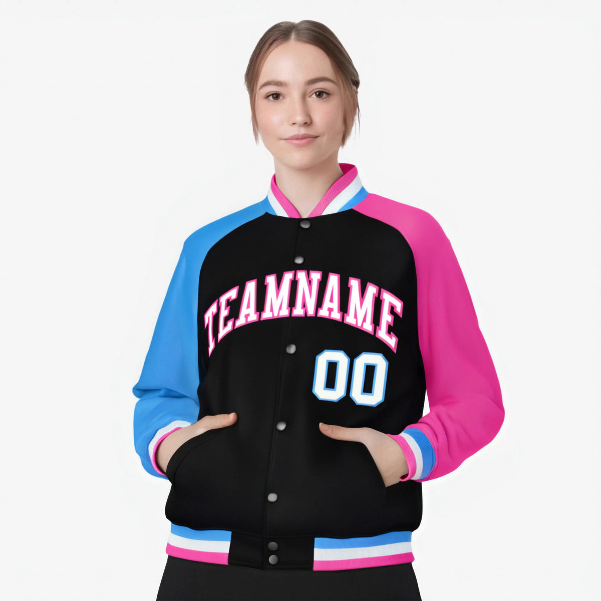 Custom Black Pink-Powder Blue Raglan Sleeves Varsity Full-Snap Letterman Jacket