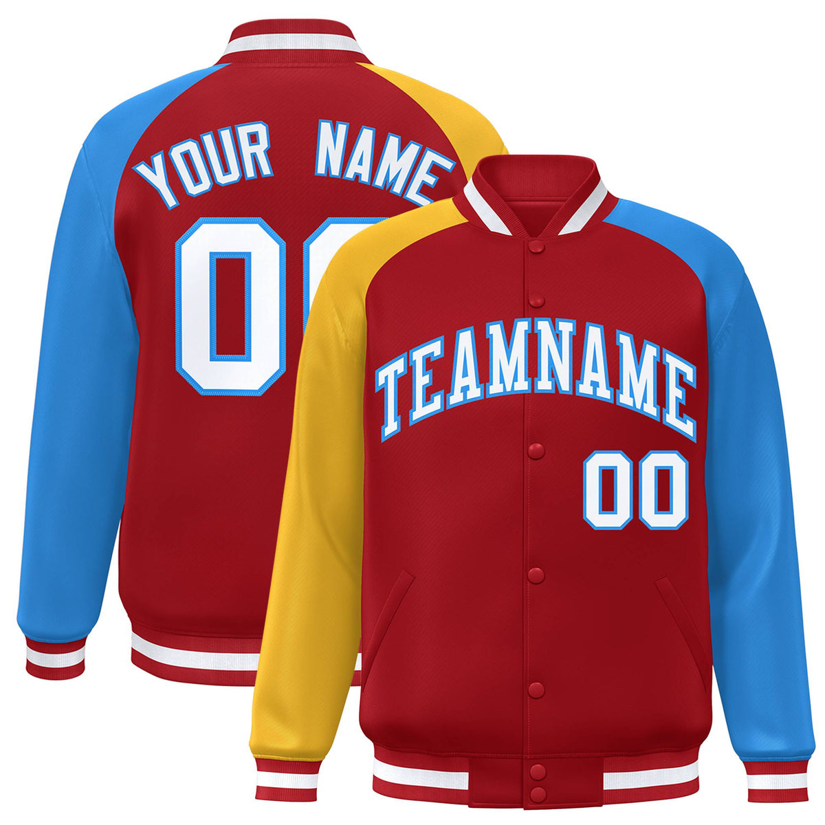 Custom Red Powder Blue-Gold Raglan Sleeves Varsity Full-Snap Letterman Jacket