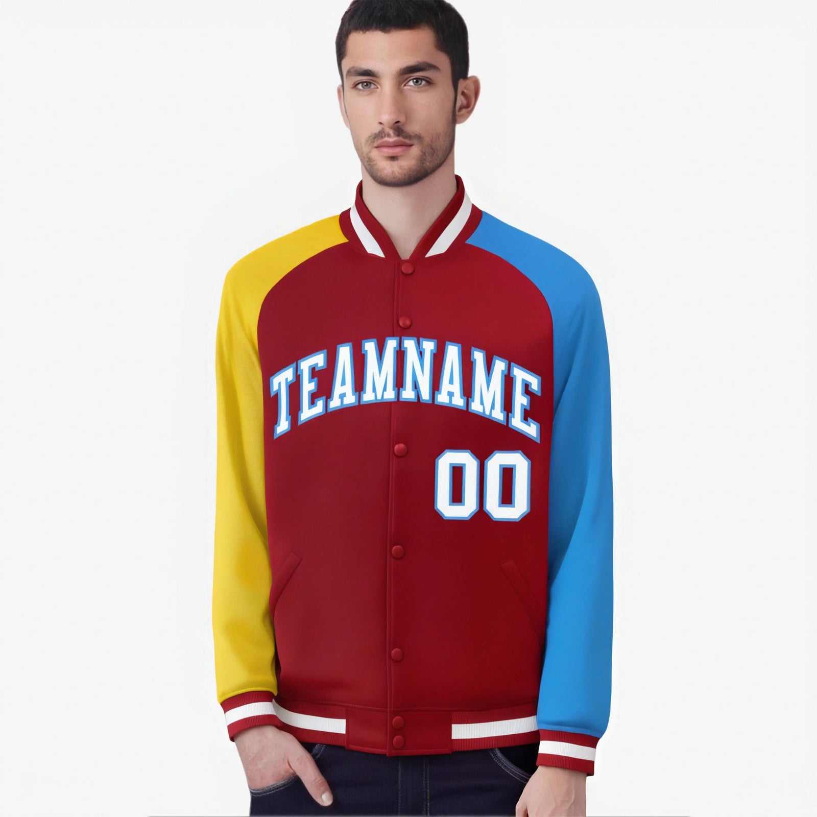 Custom Red Powder Blue-Gold Raglan Sleeves Varsity Full-Snap Letterman Jacket