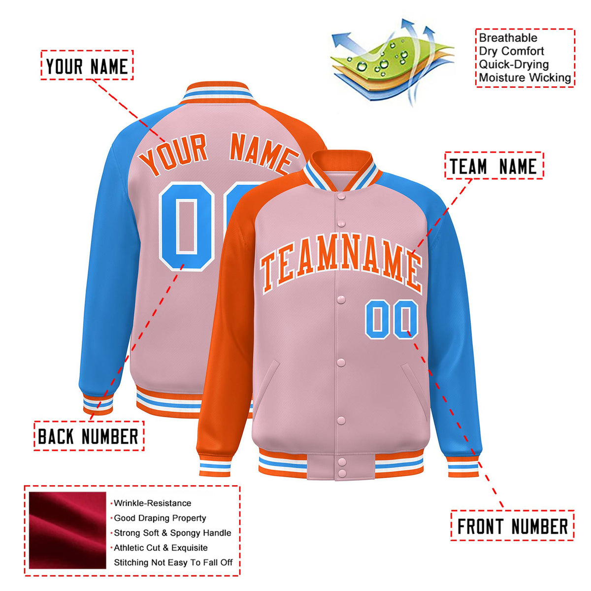Custom Light Pink Powder Blue-Orange Raglan Sleeves Varsity Full-Snap Letterman Jacket