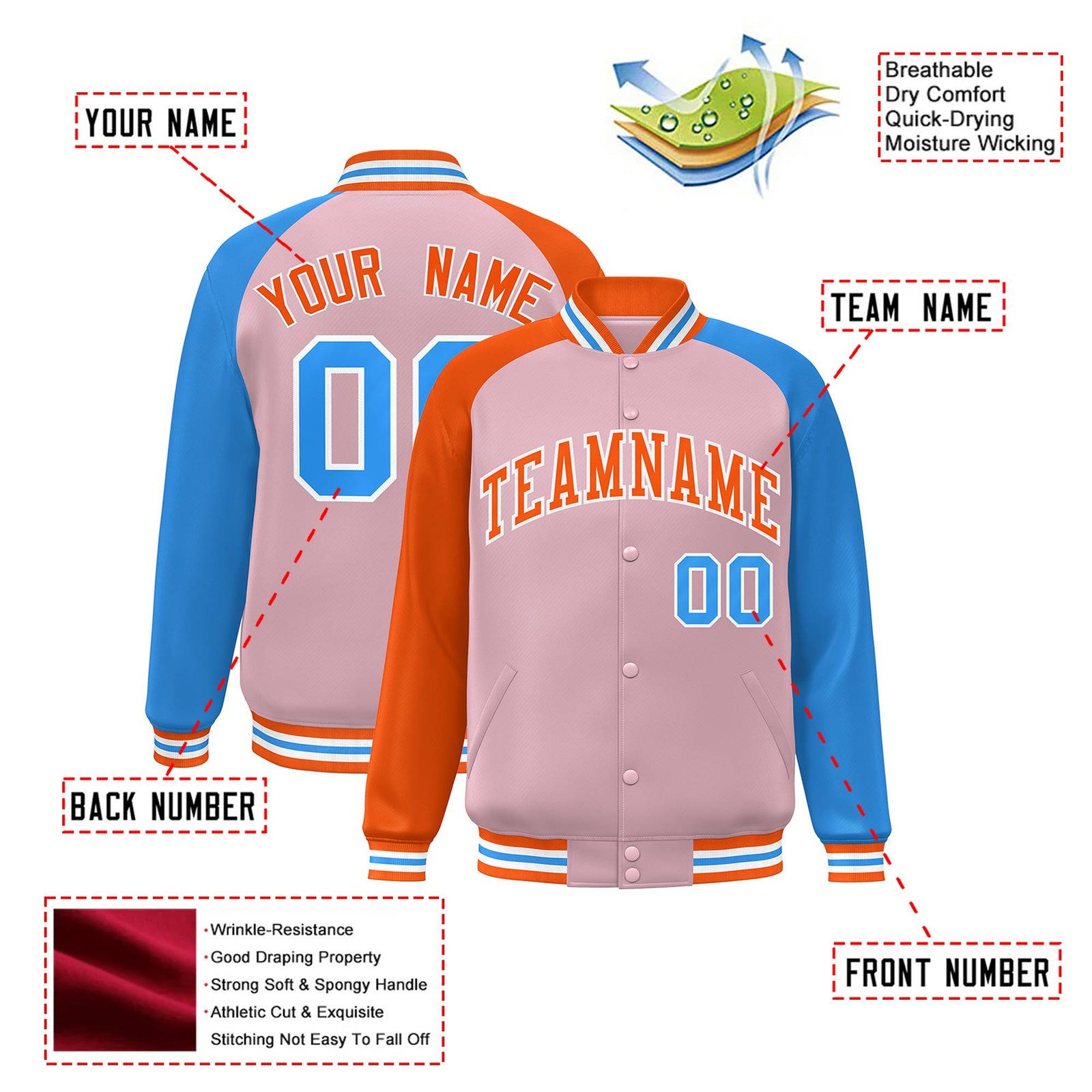 Custom Light Pink Powder Blue-Orange Raglan Sleeves Varsity Full-Snap Letterman Jacket