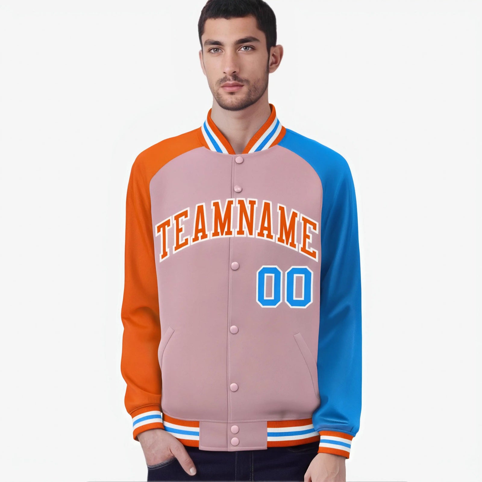Custom Light Pink Powder Blue-Orange Raglan Sleeves Varsity Full-Snap Letterman Jacket