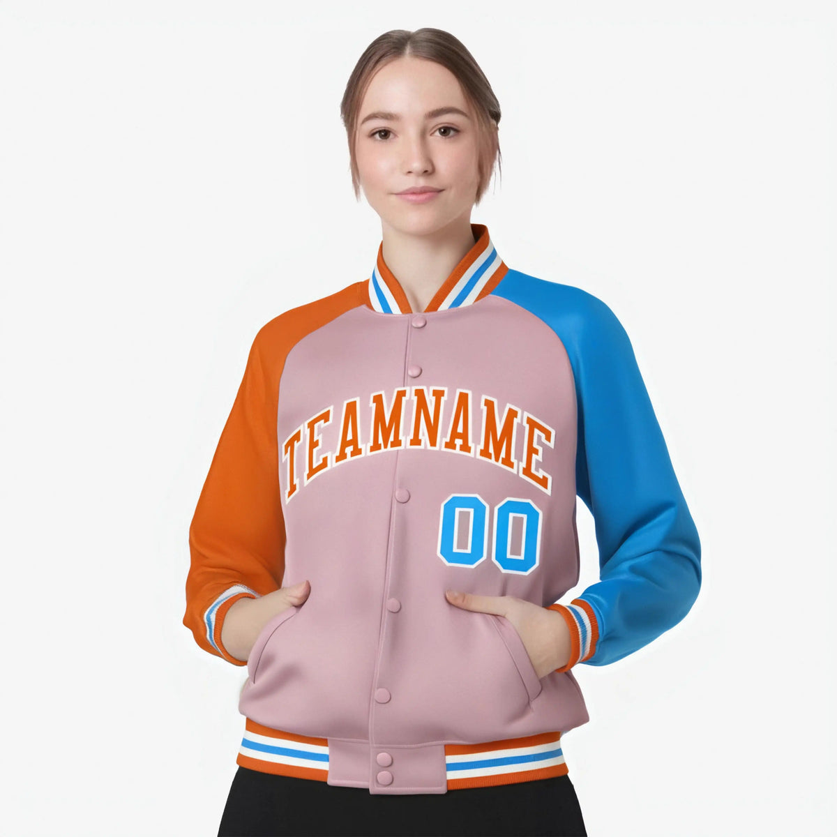 Custom Light Pink Powder Blue-Orange Raglan Sleeves Varsity Full-Snap Letterman Jacket