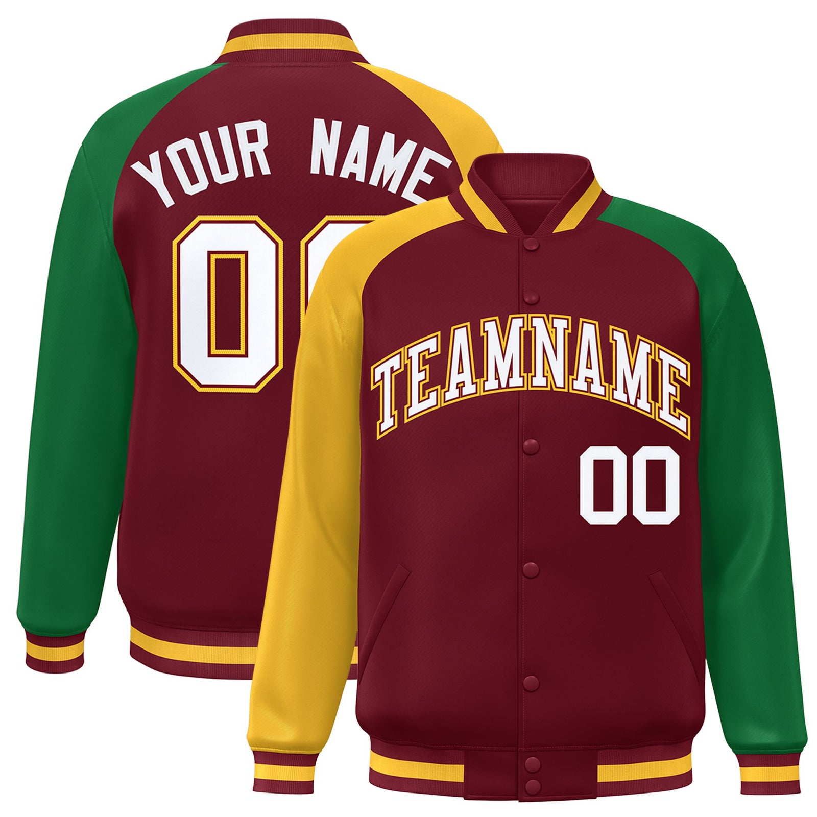 Custom Crimson Kelly Green-Gold Raglan Sleeves Varsity Full-Snap Letterman Jacket