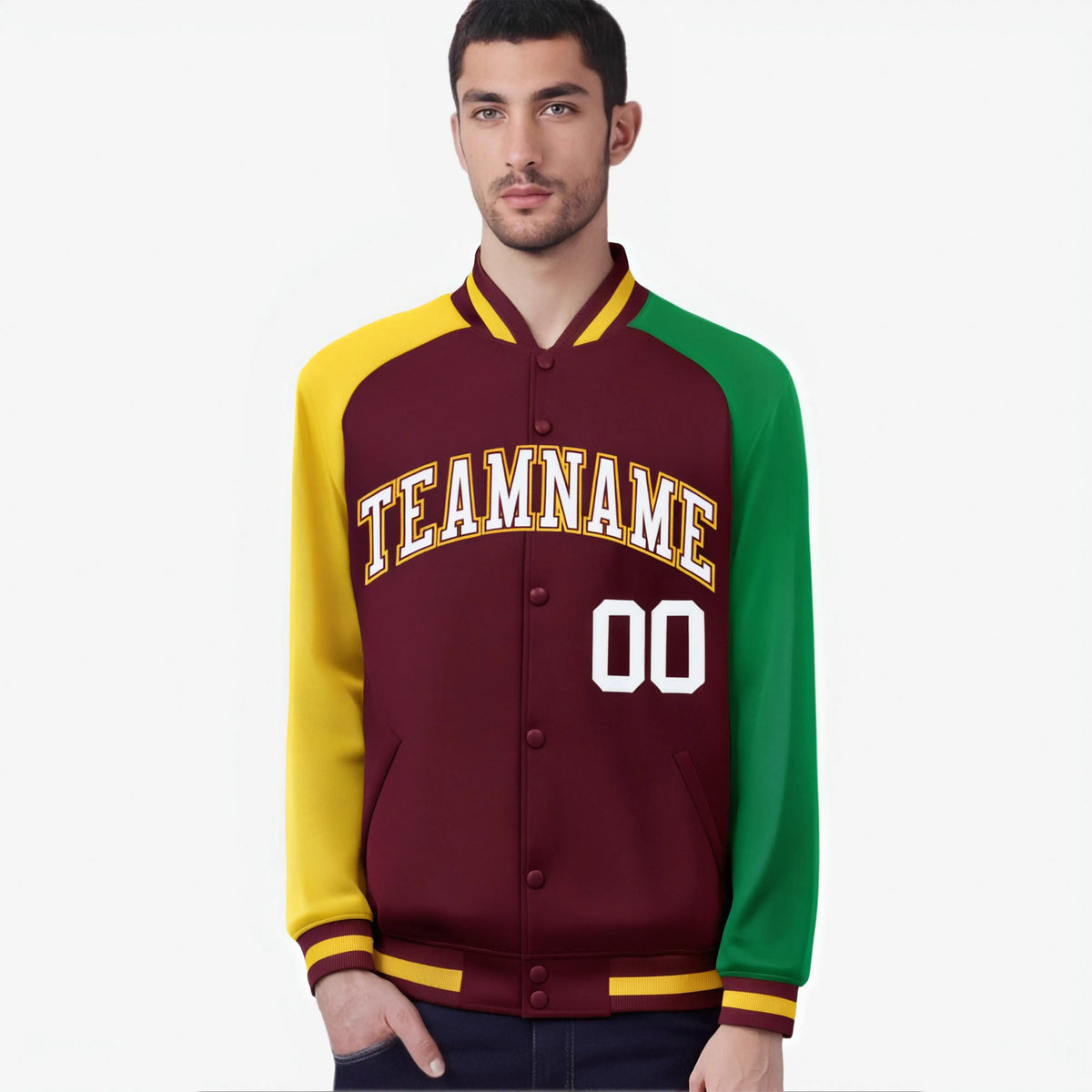 Custom Crimson Kelly Green-Gold Raglan Sleeves Varsity Full-Snap Letterman Jacket