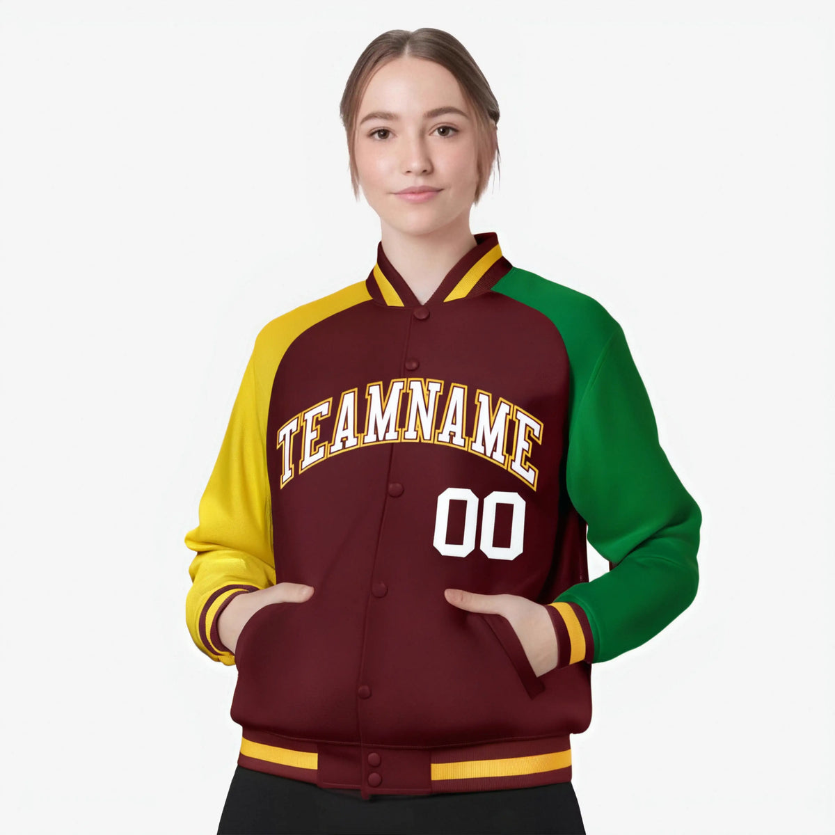 Custom Crimson Kelly Green-Gold Raglan Sleeves Varsity Full-Snap Letterman Jacket