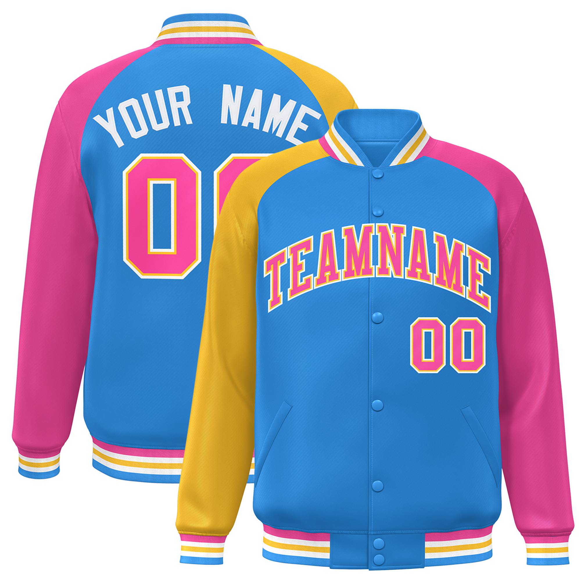 Custom Powder Blue Pink-Gold Raglan Sleeves Varsity Full-Snap Letterman Jacket