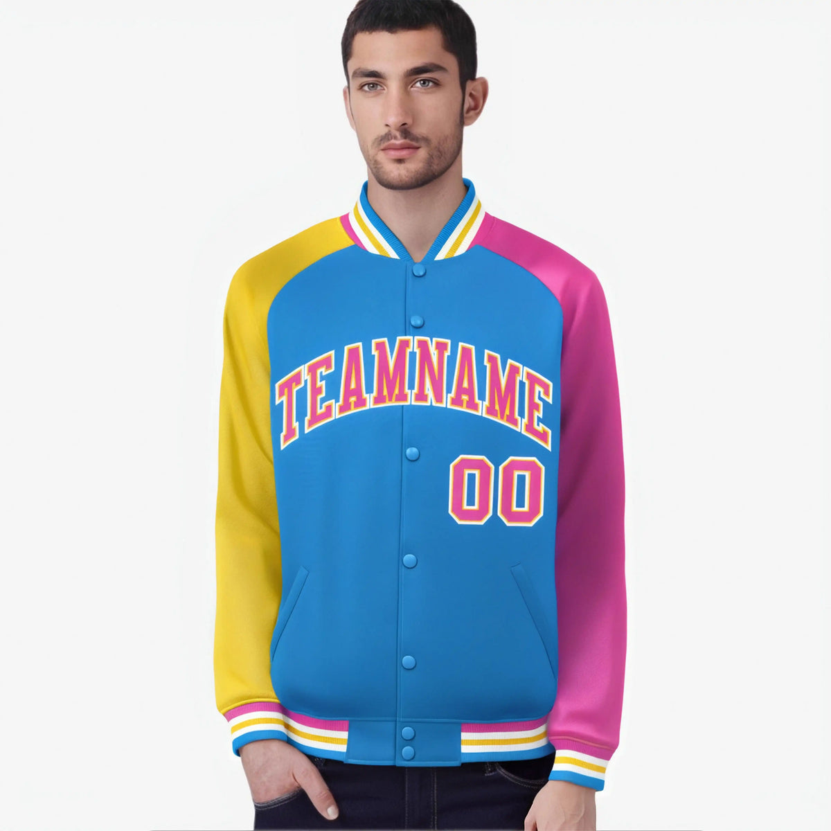 Custom Powder Blue Pink-Gold Raglan Sleeves Varsity Full-Snap Letterman Jacket