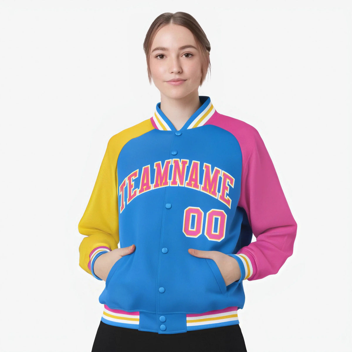 Custom Powder Blue Pink-Gold Raglan Sleeves Varsity Full-Snap Letterman Jacket