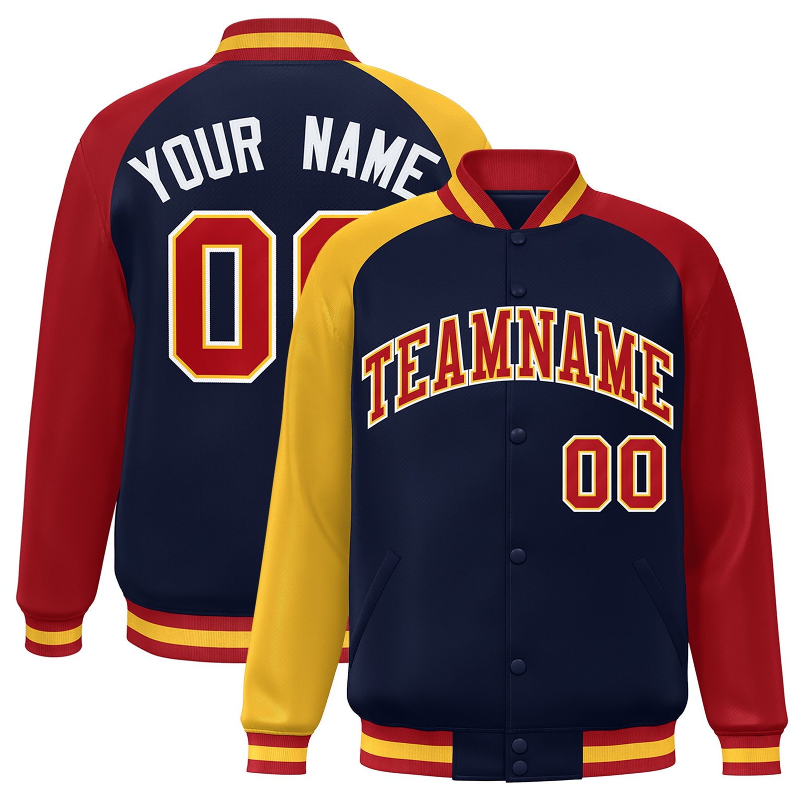 Custom Navy Red-Gold Raglan Sleeves Varsity Full-Snap Letterman Jacket
