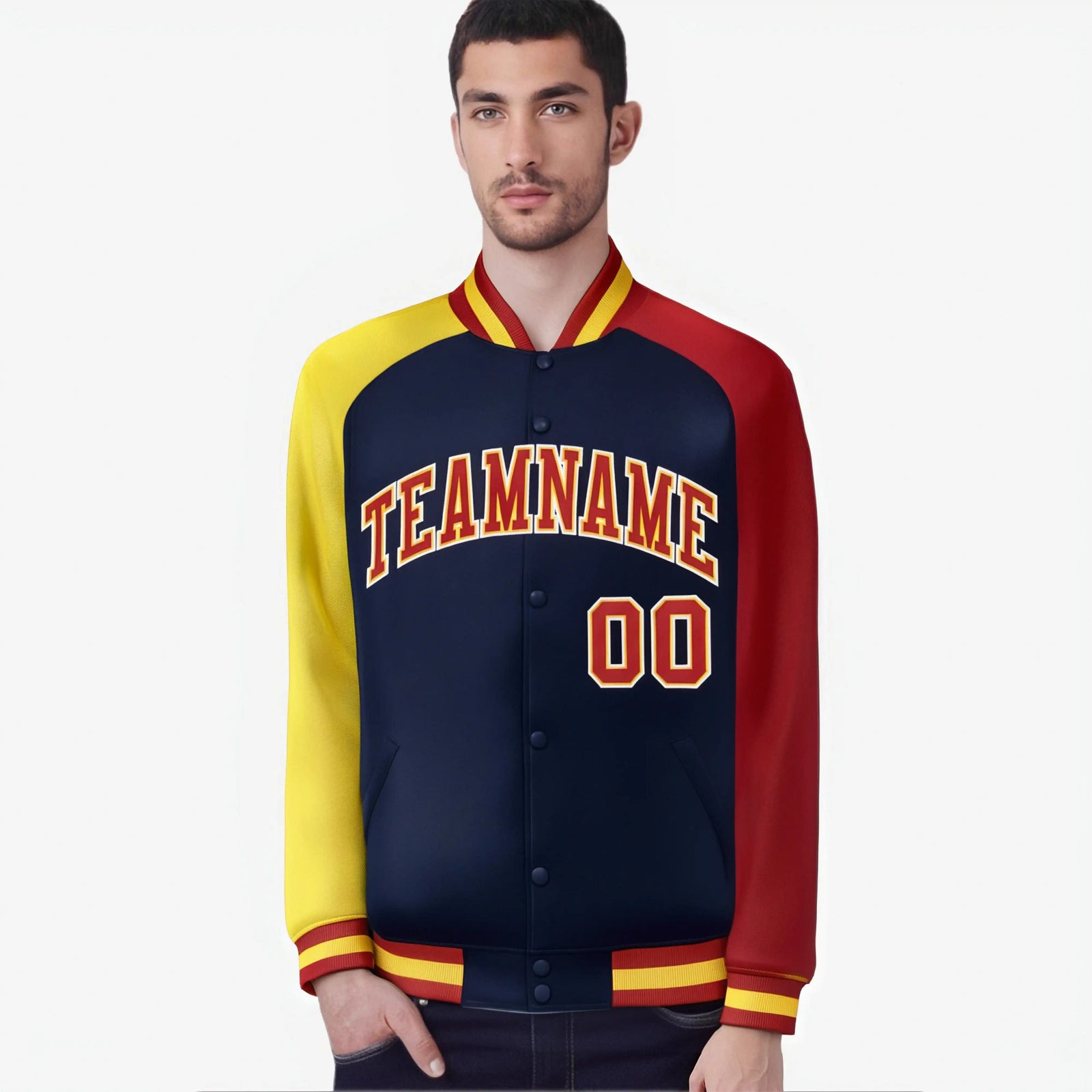 Custom Navy Red-Gold Raglan Sleeves Varsity Full-Snap Letterman Jacket