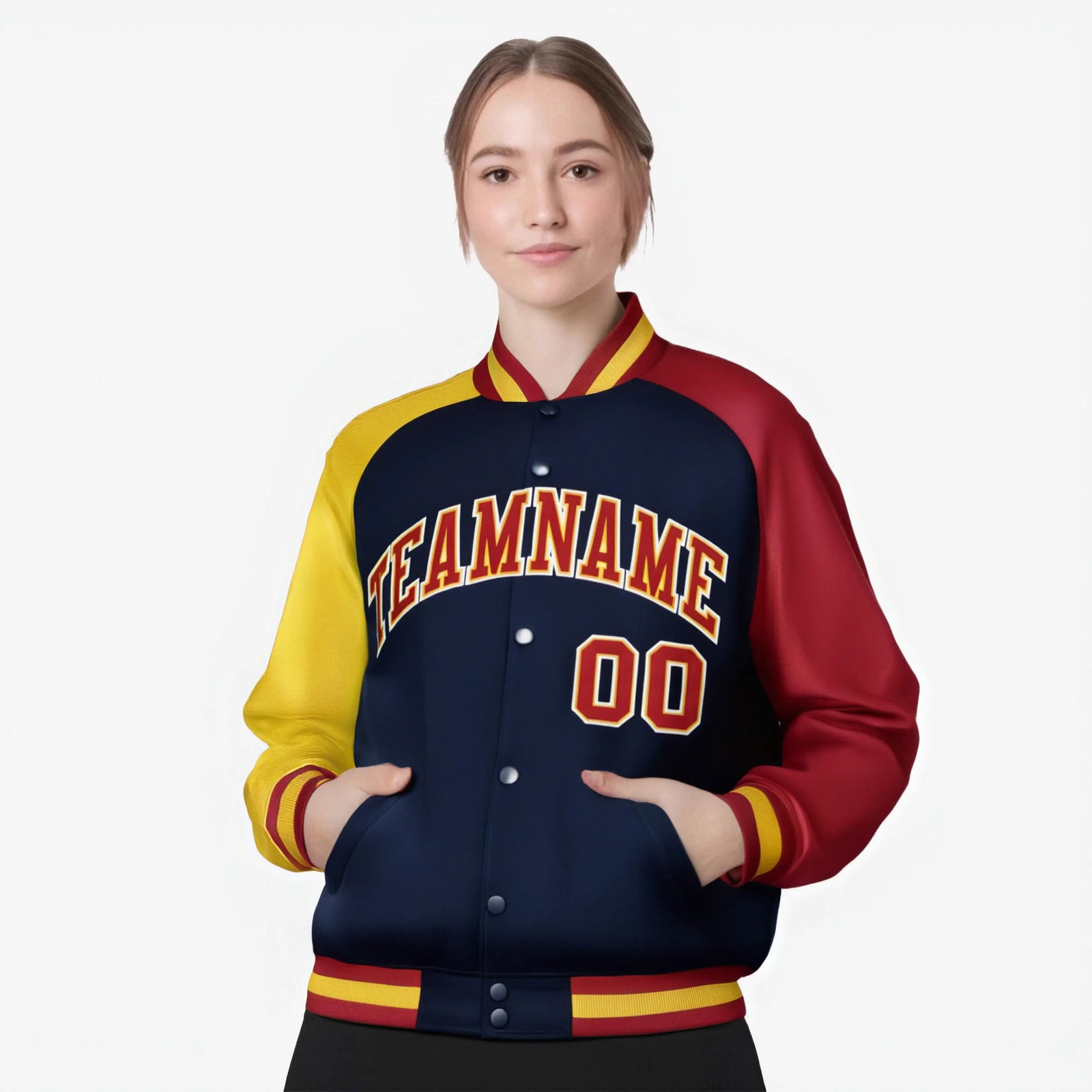Custom Navy Red-Gold Raglan Sleeves Varsity Full-Snap Letterman Jacket