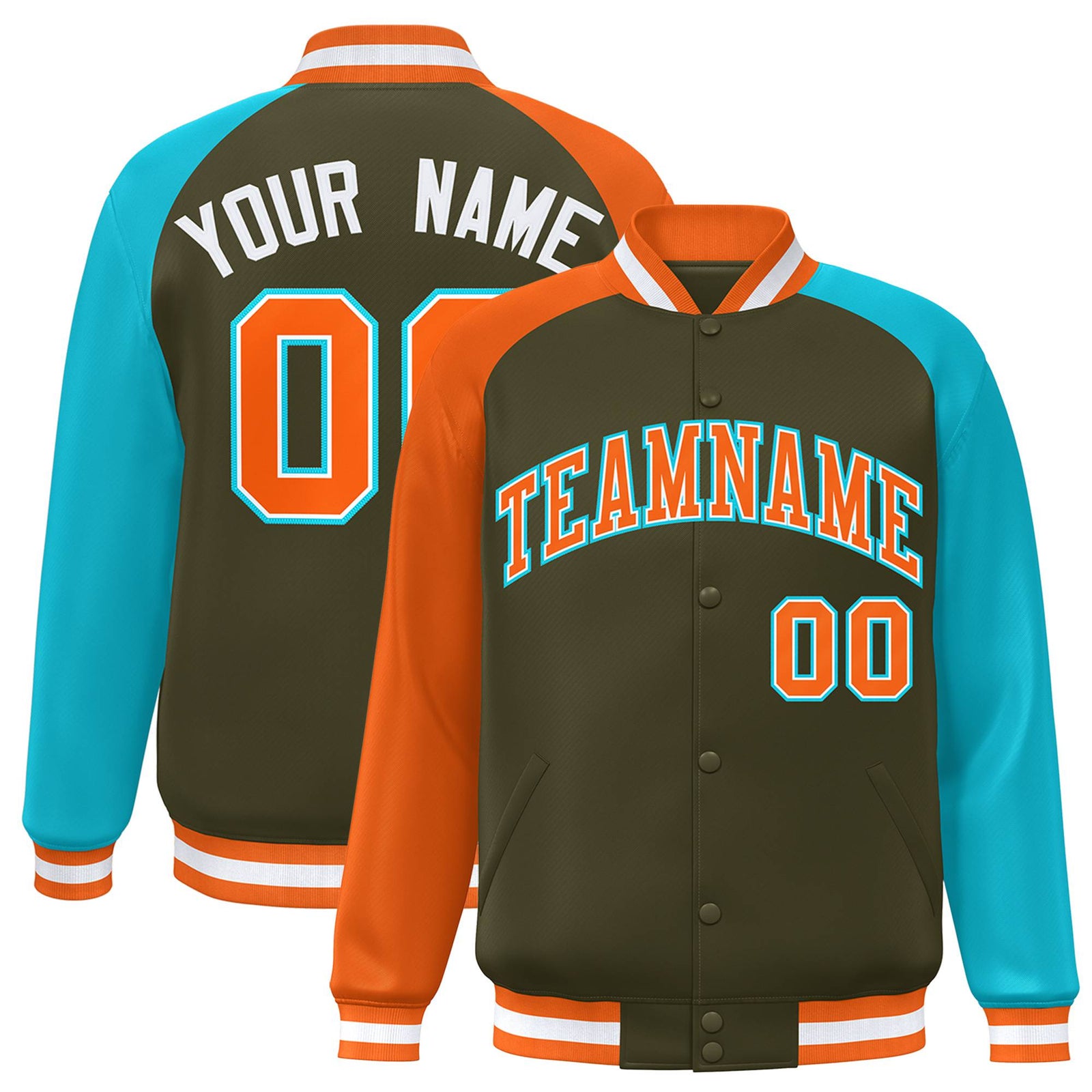 Custom Olive Aqua-Orange Raglan Sleeves Varsity Full-Snap Letterman Jacket