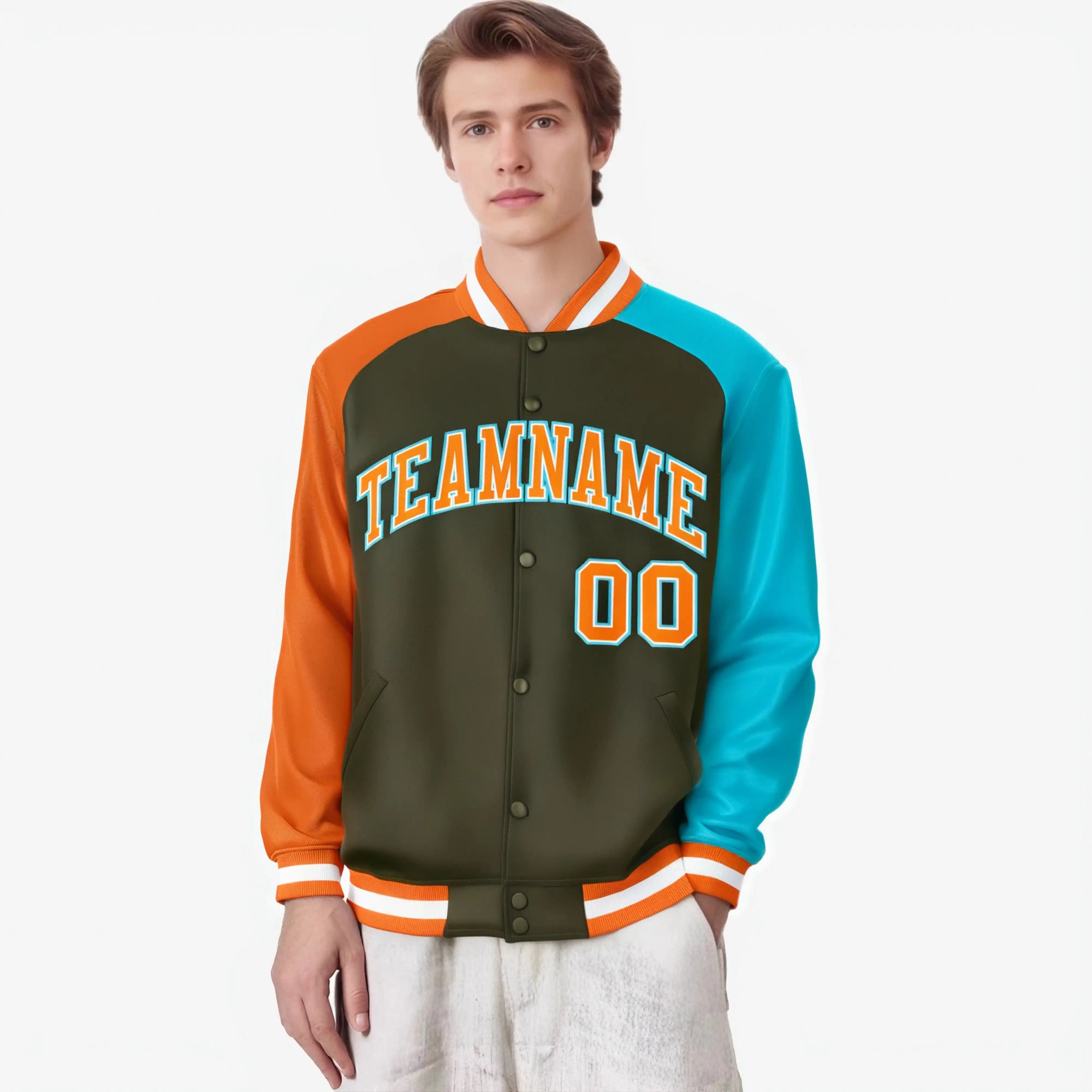 Custom Olive Aqua-Orange Raglan Sleeves Varsity Full-Snap Letterman Jacket