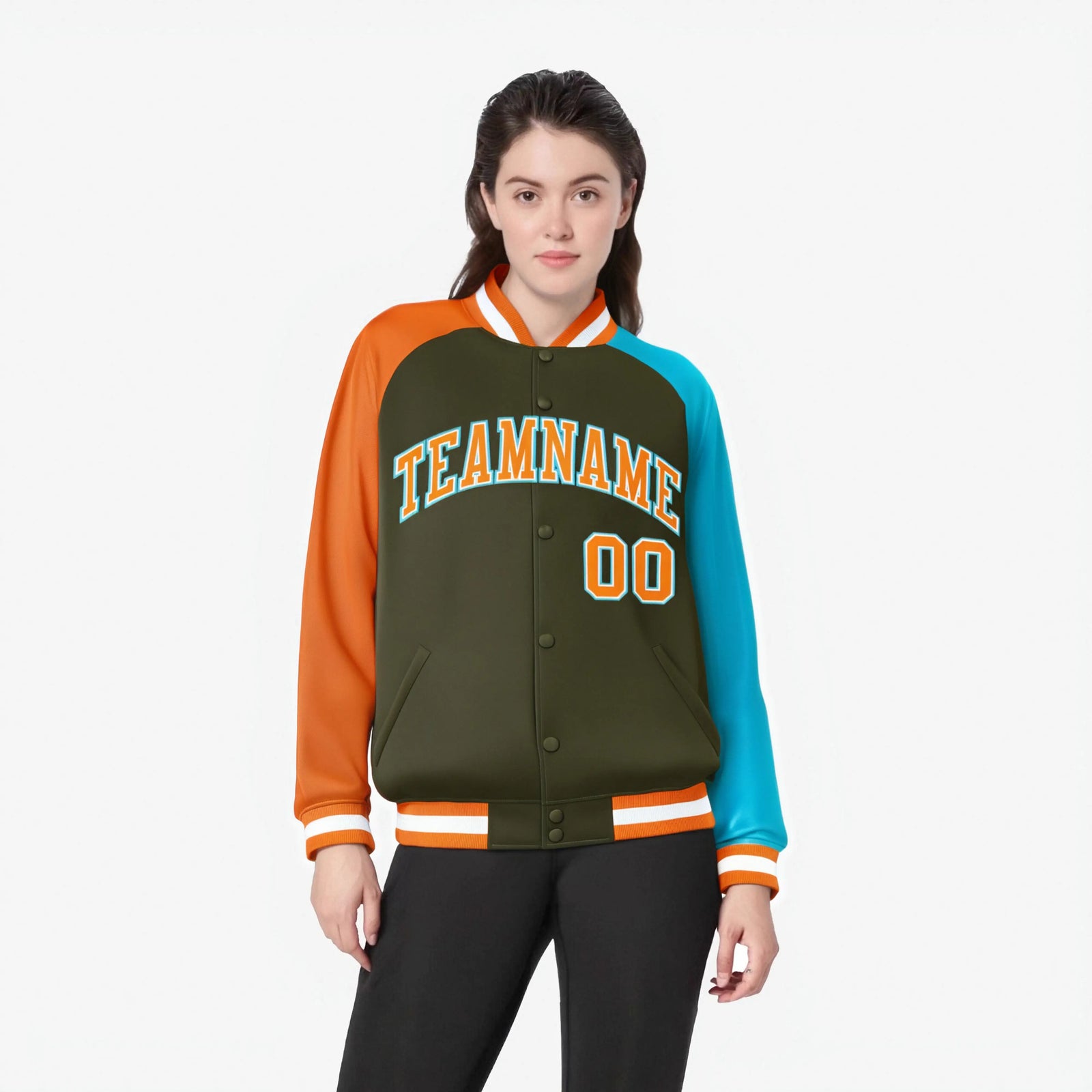 Custom Olive Aqua-Orange Raglan Sleeves Varsity Full-Snap Letterman Jacket