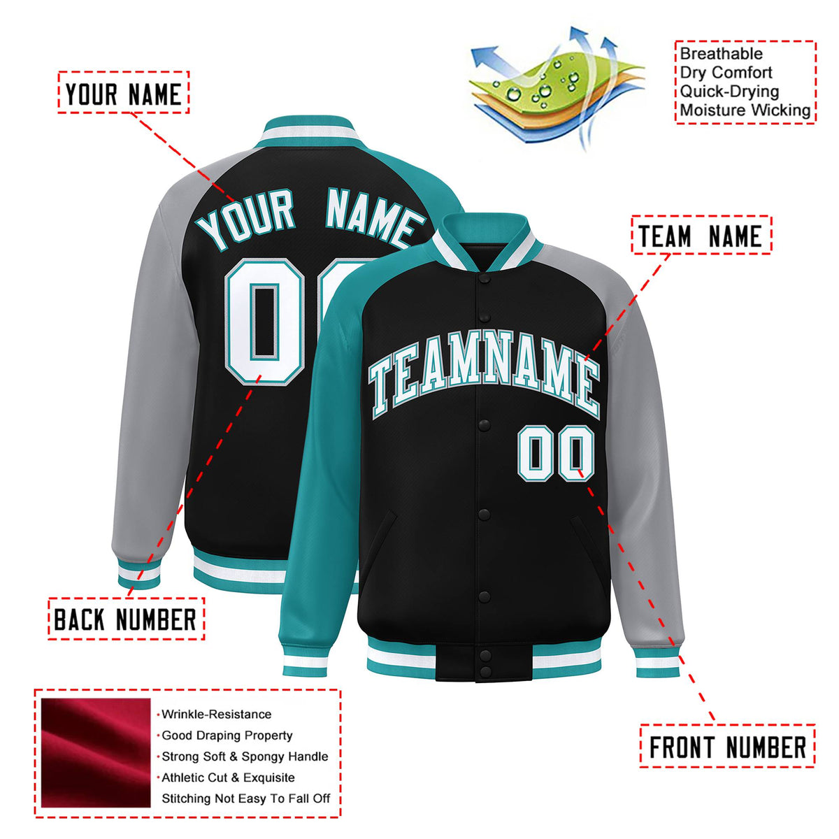Custom Black Gray-Aqua Raglan Sleeves Varsity Full-Snap Letterman Jacket