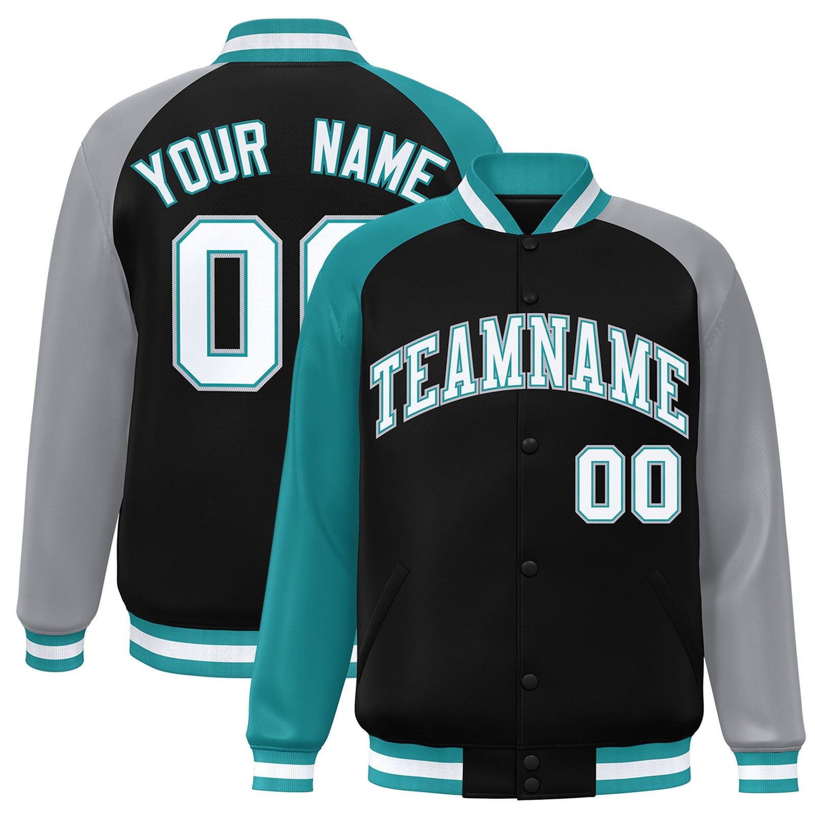 Custom Black Gray-Aqua Raglan Sleeves Varsity Full-Snap Letterman Jacket
