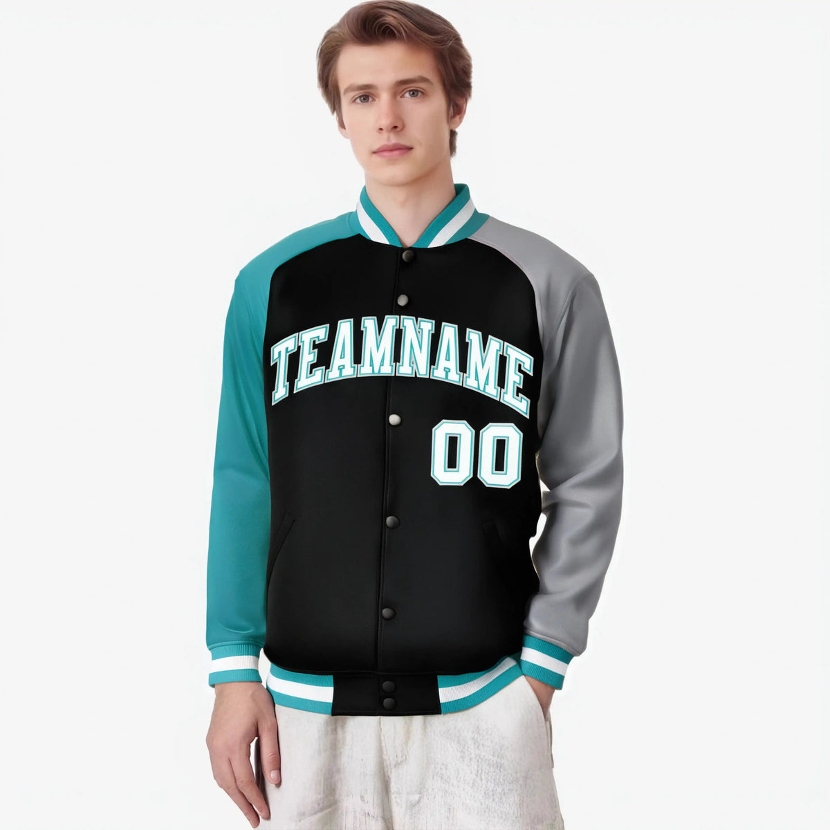 Custom Black Gray-Aqua Raglan Sleeves Varsity Full-Snap Letterman Jacket