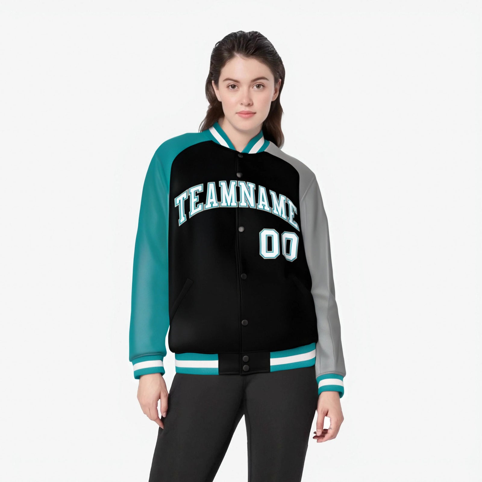 Custom Black Gray-Aqua Raglan Sleeves Varsity Full-Snap Letterman Jacket