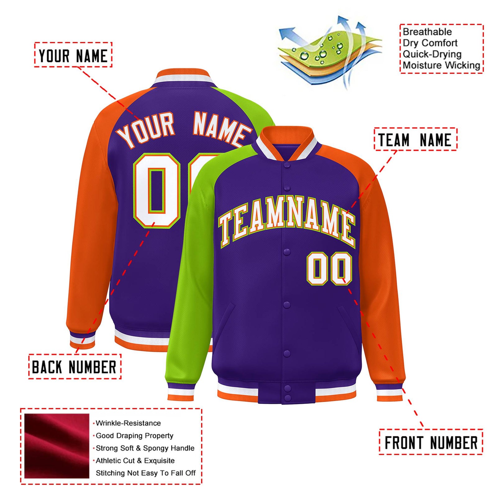 Custom Purple Orange-Neon Green Raglan Sleeves Varsity Full-Snap Letterman Jacket