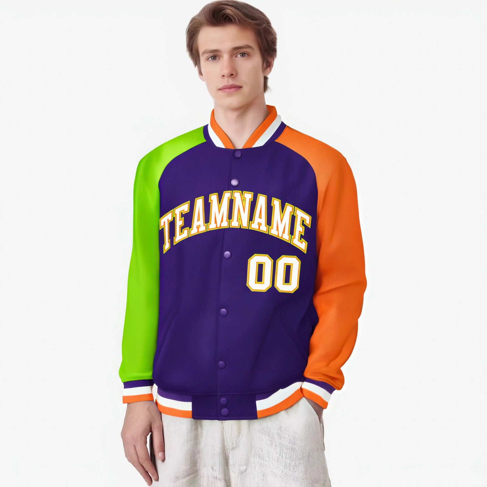 Custom Purple Orange-Neon Green Raglan Sleeves Varsity Full-Snap Letterman Jacket