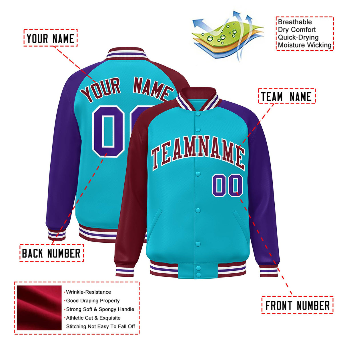 Custom Aqua Crimson-Purple Raglan Sleeves Varsity Full-Snap Letterman Jacket
