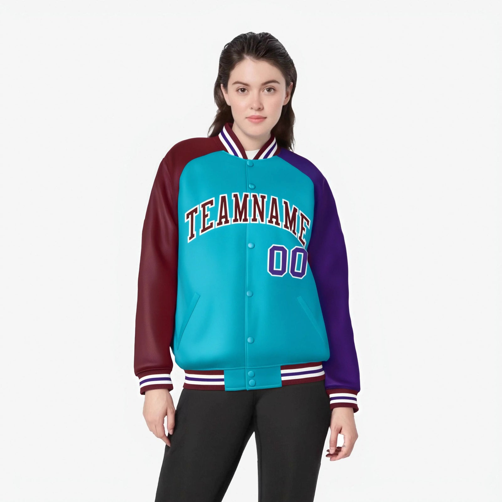 Custom Aqua Crimson-Purple Raglan Sleeves Varsity Full-Snap Letterman Jacket