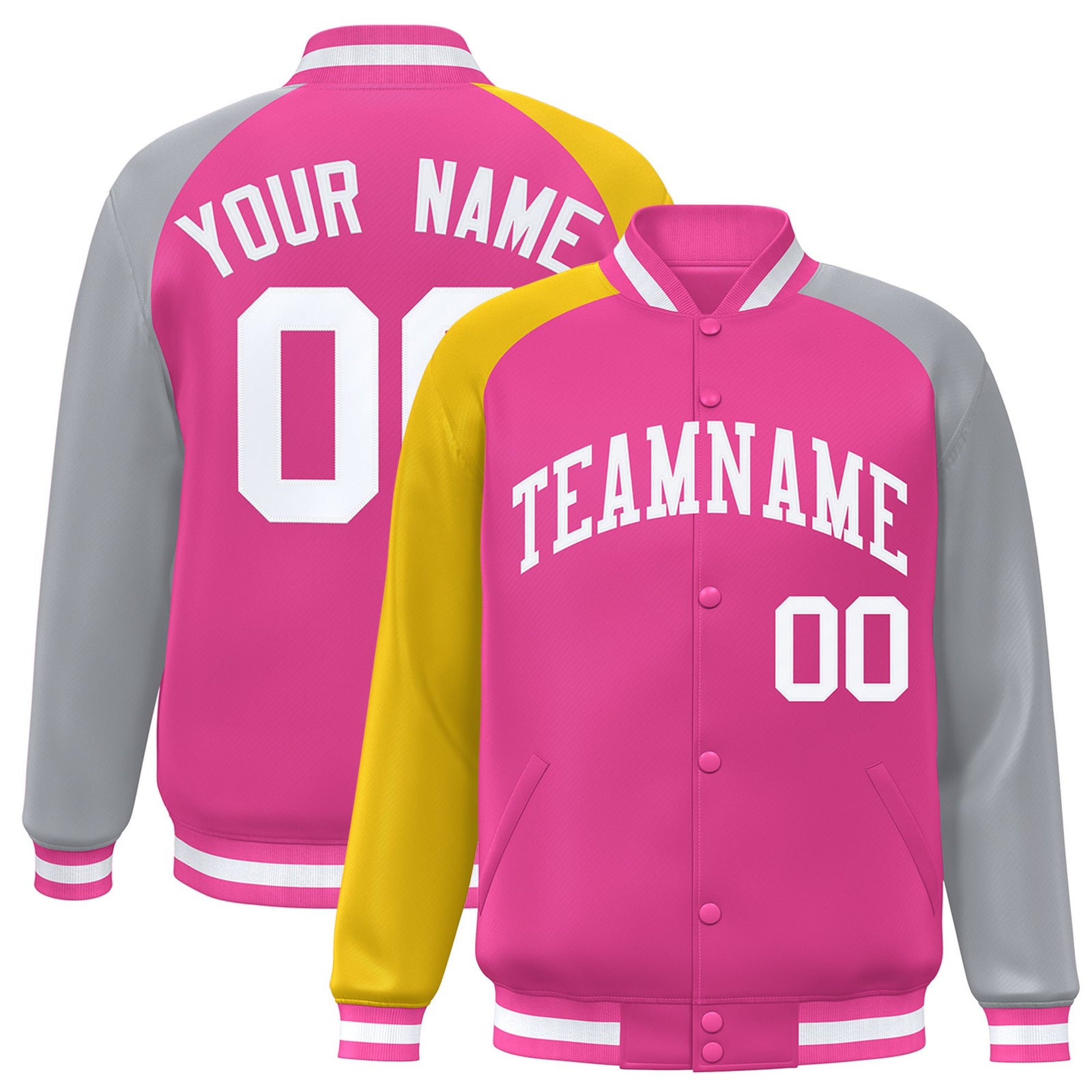 Custom Pink Gray-Gold Raglan Sleeves Varsity Full-Snap Letterman Jacket