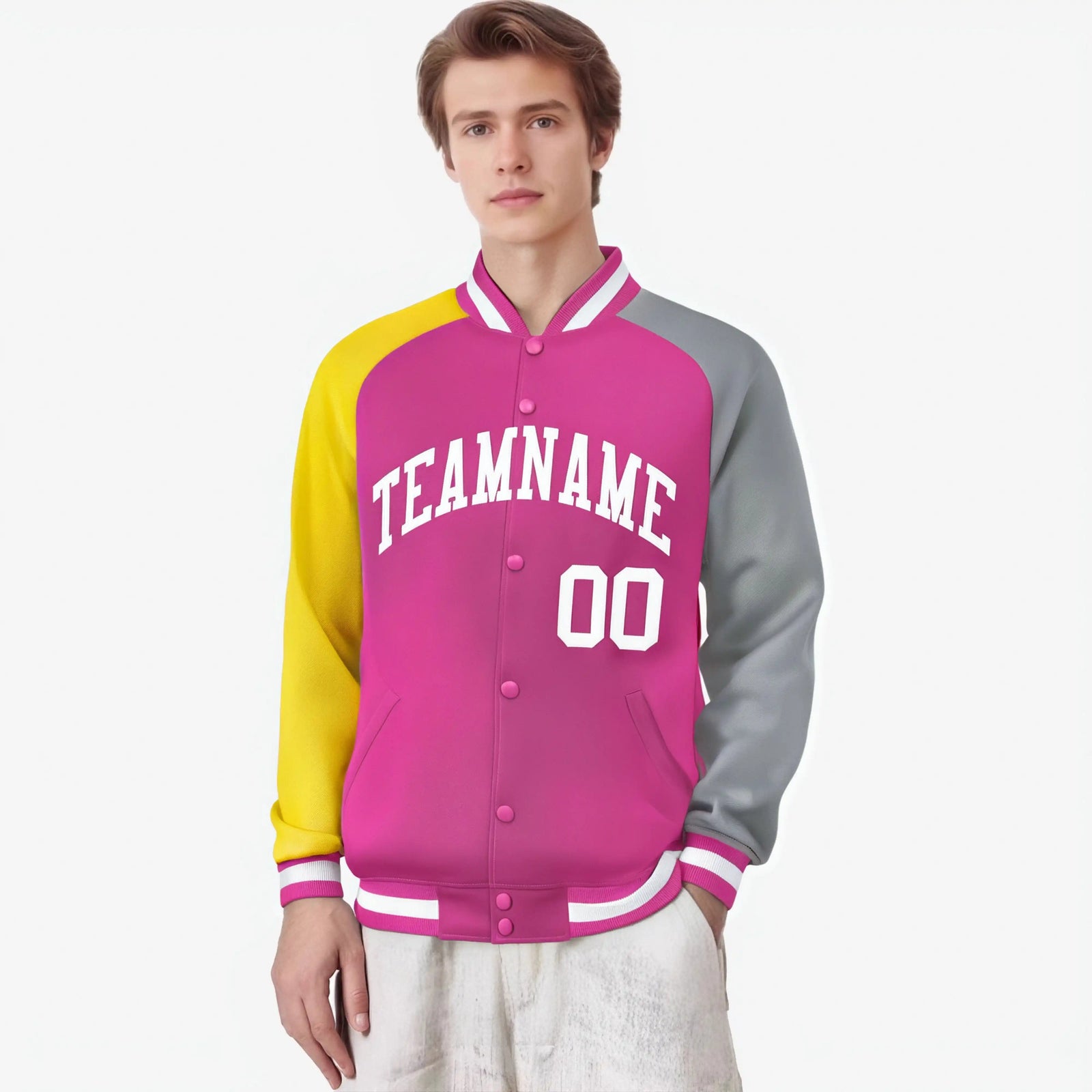 Custom Pink Gray-Gold Raglan Sleeves Varsity Full-Snap Letterman Jacket