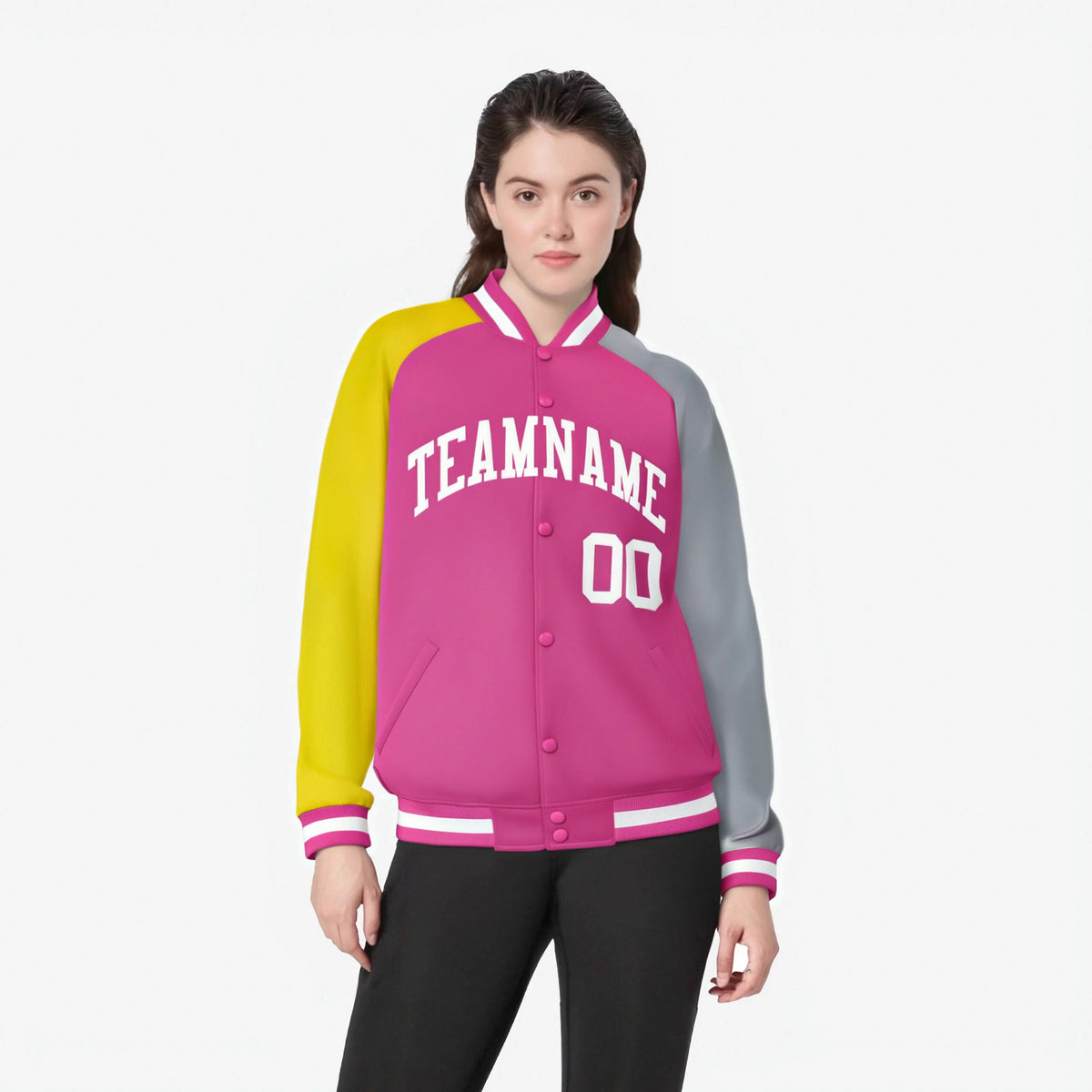 Custom Pink Gray-Gold Raglan Sleeves Varsity Full-Snap Letterman Jacket