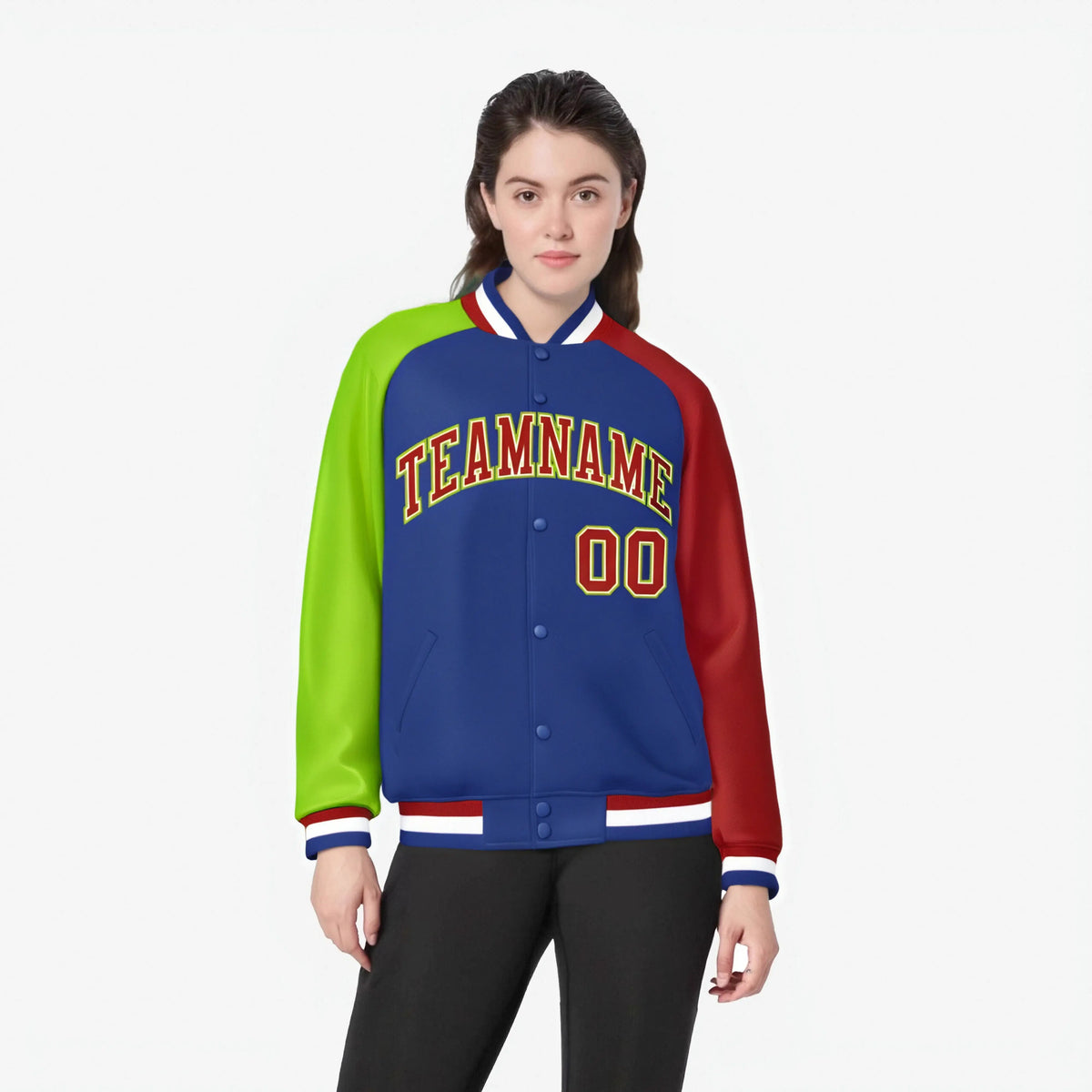 Custom Royal Blue Red-Neon Green Raglan Sleeves Varsity Full-Snap Letterman Jacket
