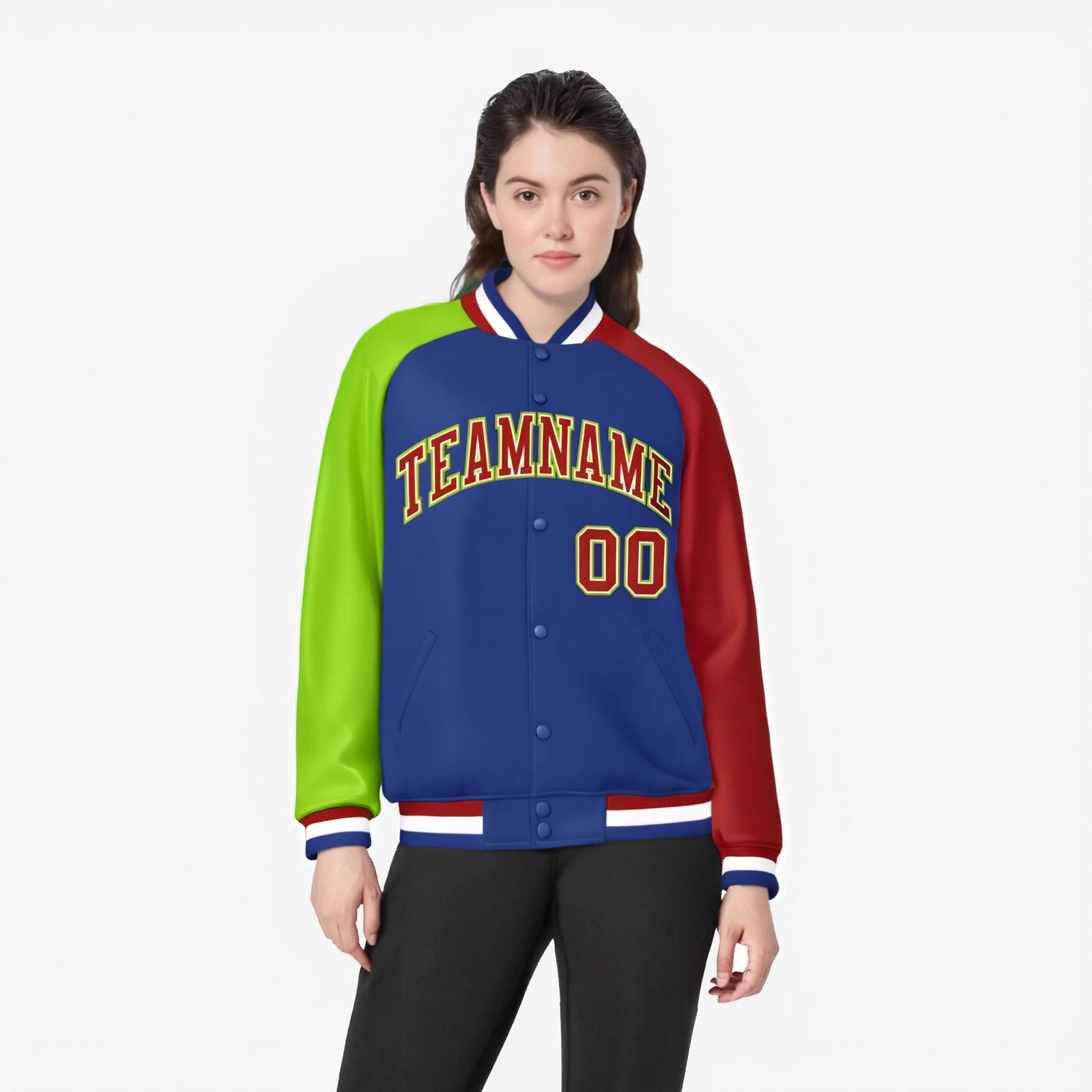 Custom Royal Blue Red-Neon Green Raglan Sleeves Varsity Full-Snap Letterman Jacket